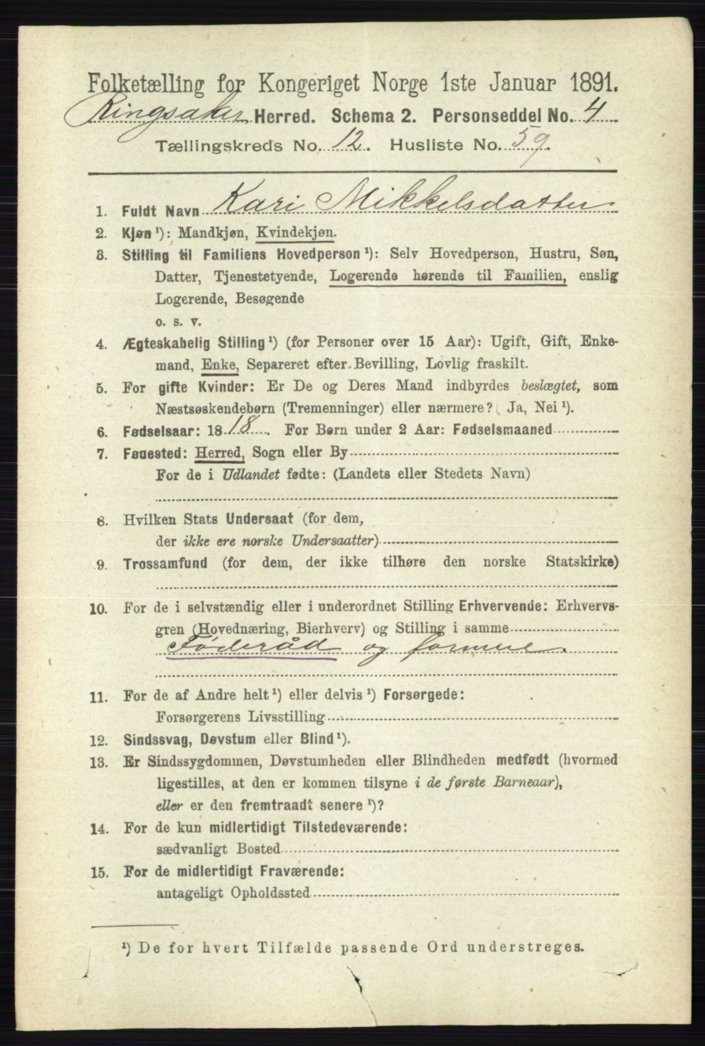 RA, 1891 census for 0412 Ringsaker, 1891, p. 7093