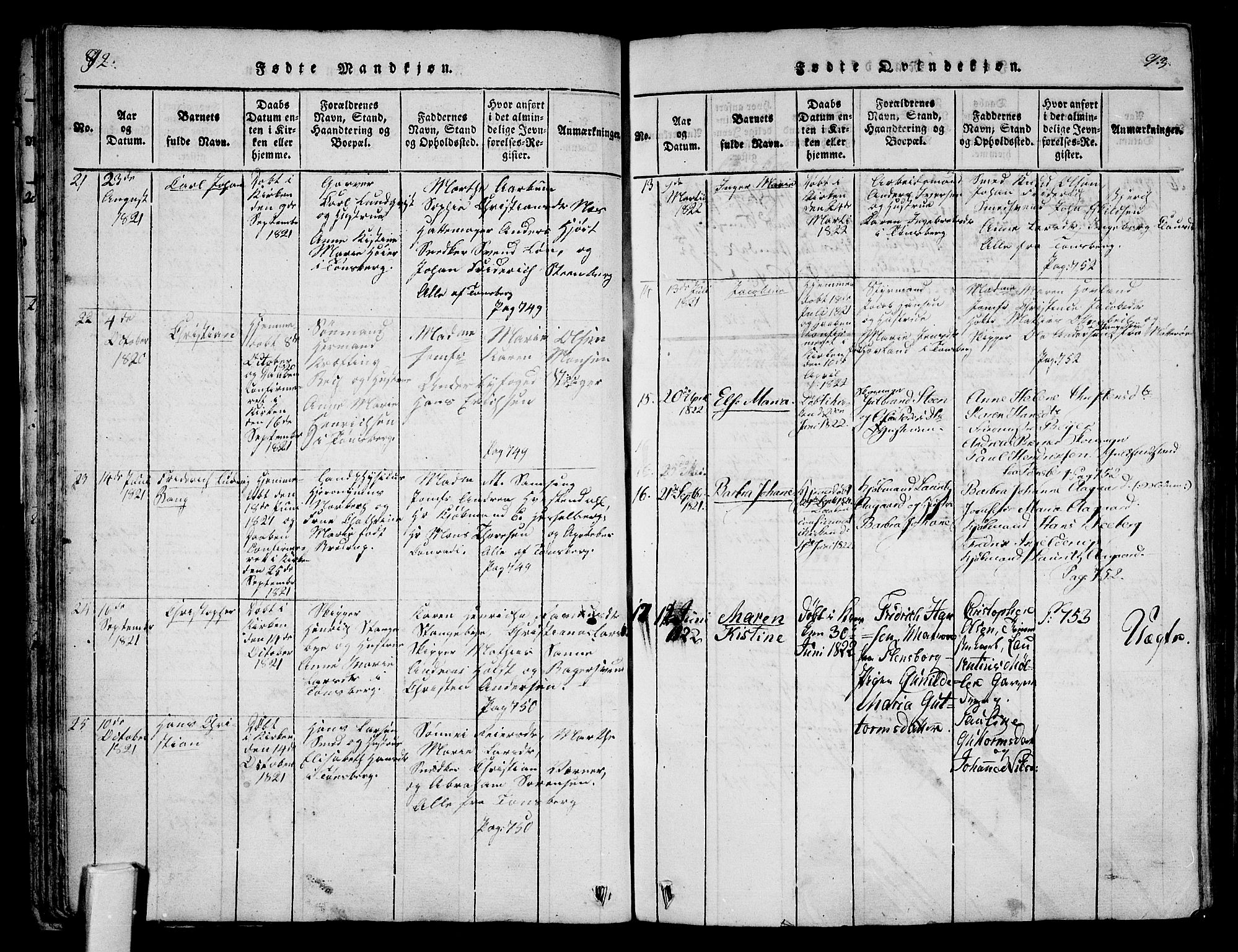 Tønsberg kirkebøker, SAKO/A-330/F/Fa/L0004: Parish register (official) no. I 4, 1813-1826, p. 92-93