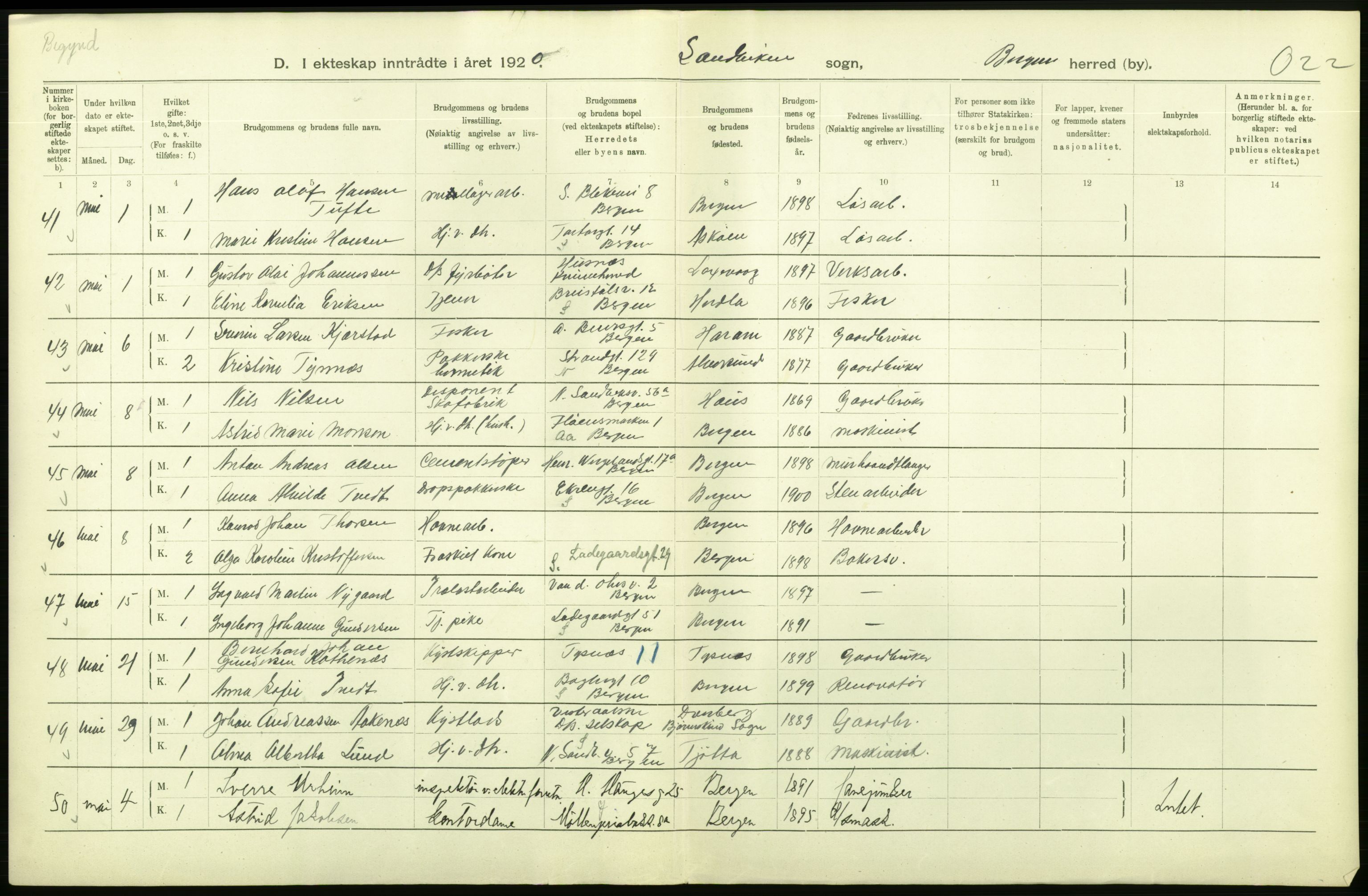 Statistisk sentralbyrå, Sosiodemografiske emner, Befolkning, AV/RA-S-2228/D/Df/Dfb/Dfbj/L0042: Bergen: Gifte, døde, dødfødte., 1920, p. 78