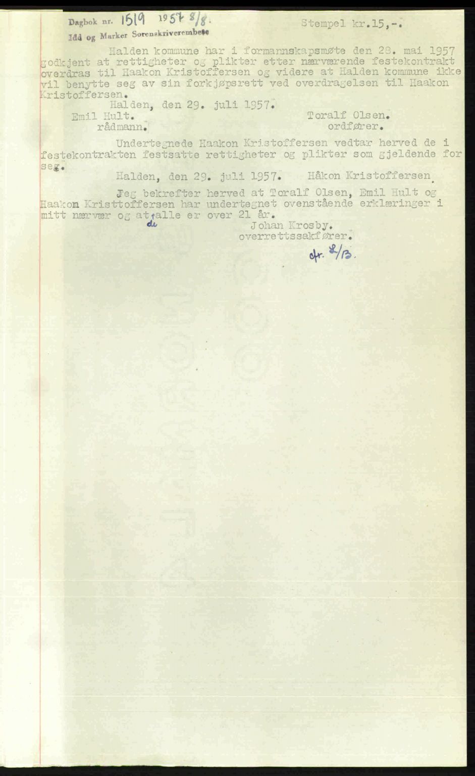 Idd og Marker sorenskriveri, AV/SAO-A-10283/G/Gb/Gbb/L0014: Mortgage book no. A14, 1950-1950, Diary no: : 1519/1957