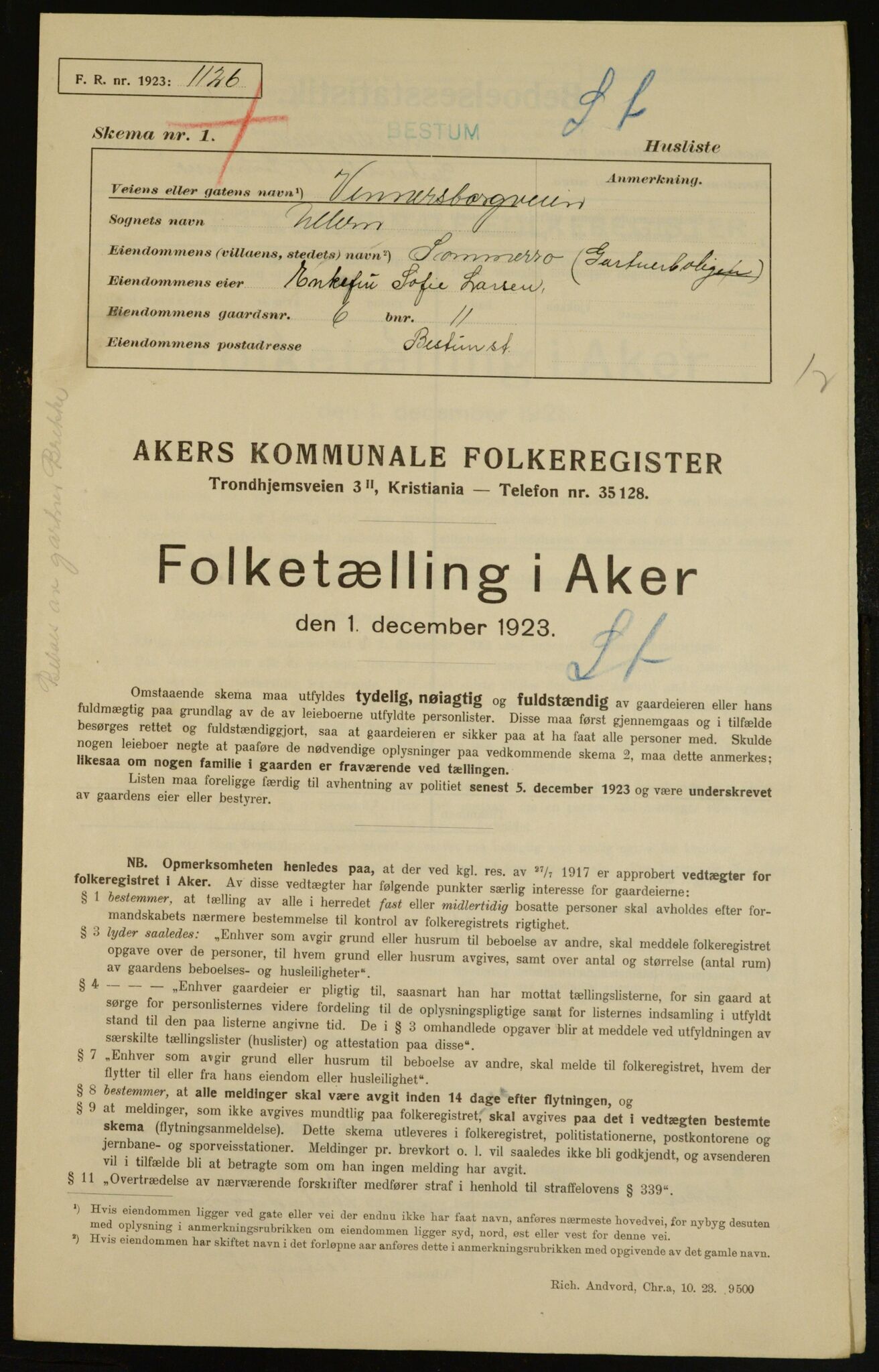 , Municipal Census 1923 for Aker, 1923, p. 6778