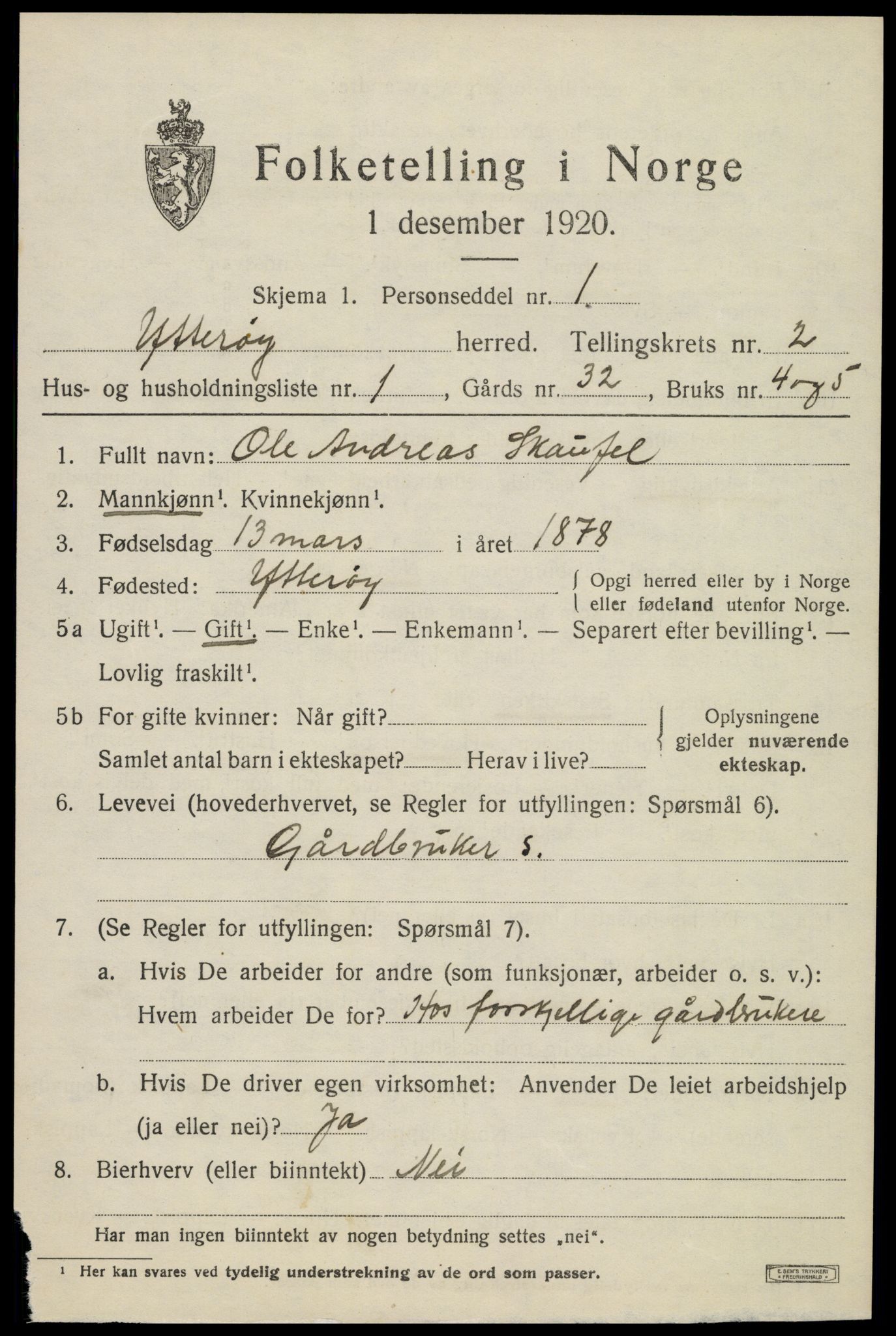 SAT, 1920 census for Ytterøy, 1920, p. 1011