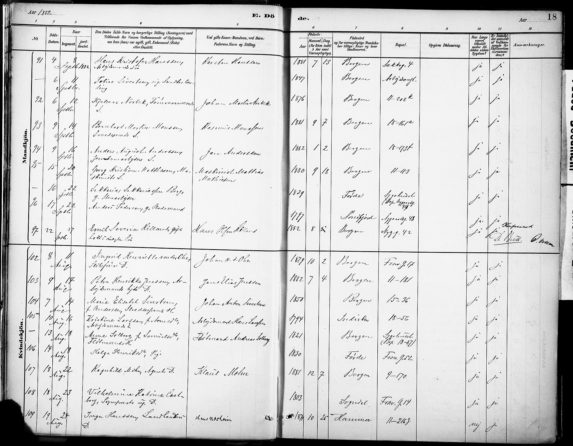 Domkirken sokneprestembete, AV/SAB-A-74801/H/Haa/L0043: Parish register (official) no. E 5, 1882-1904, p. 18