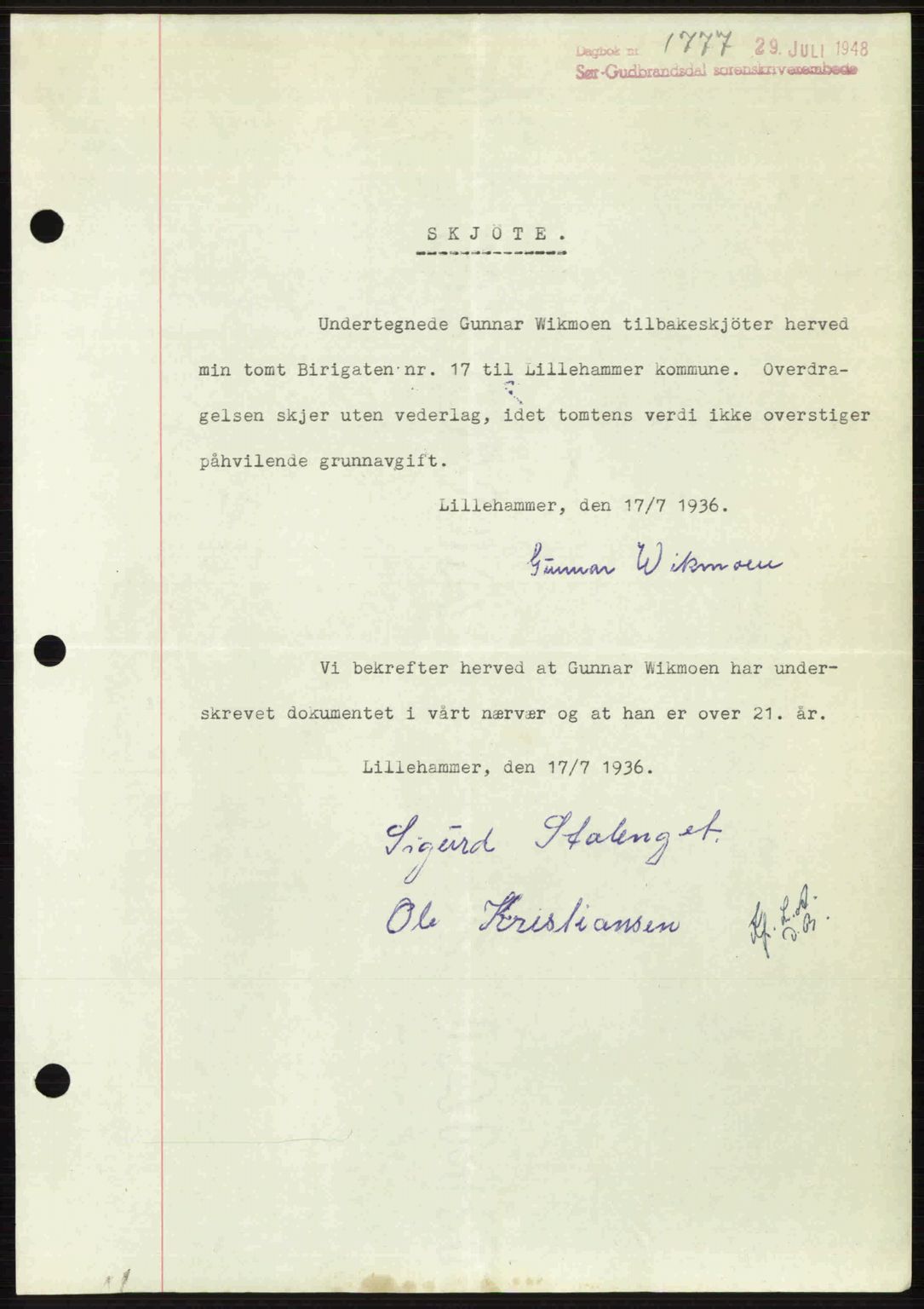 Sør-Gudbrandsdal tingrett, SAH/TING-004/H/Hb/Hbd/L0022: Mortgage book no. A22, 1948-1948, Diary no: : 1777/1948