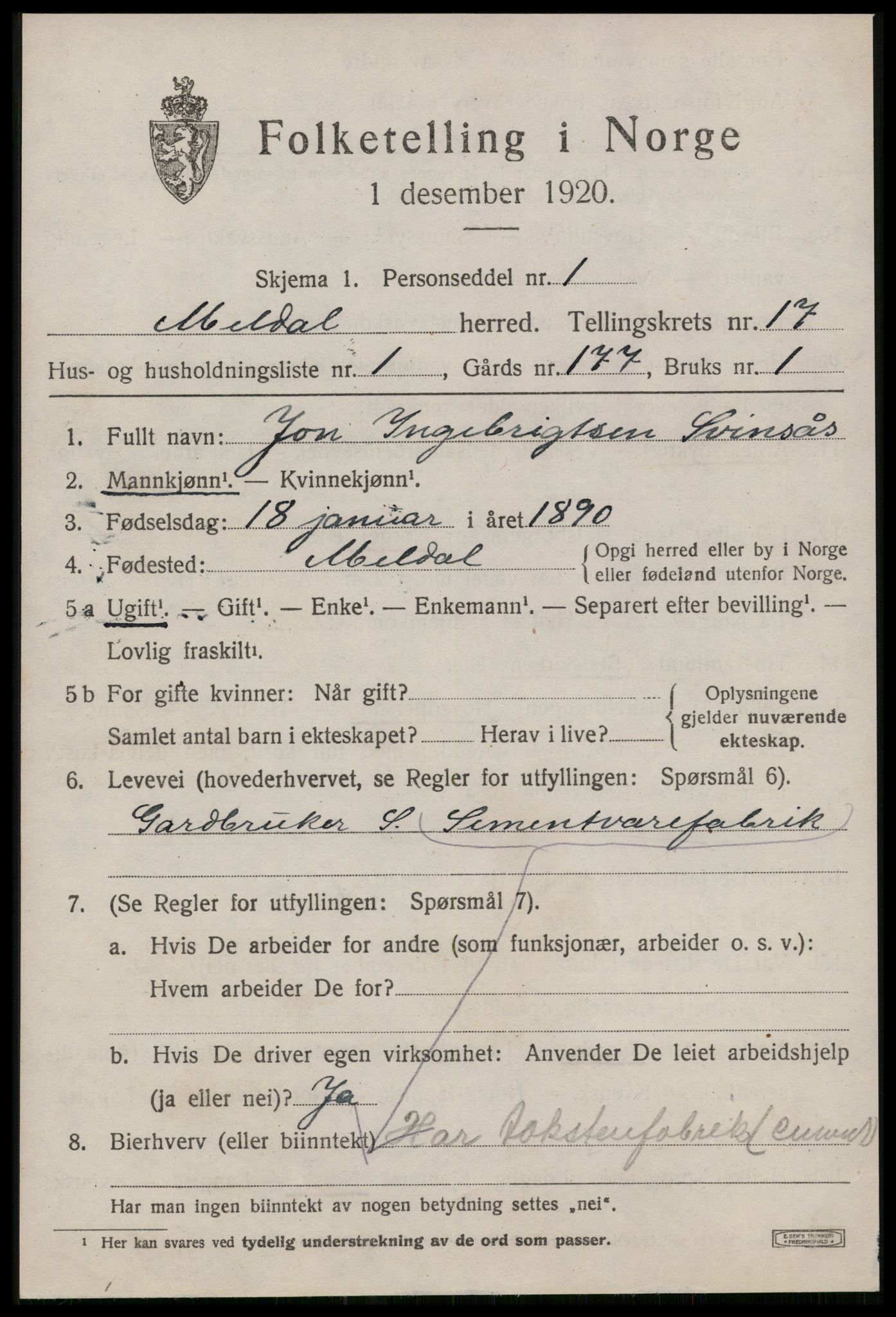 SAT, 1920 census for Meldal, 1920, p. 11123