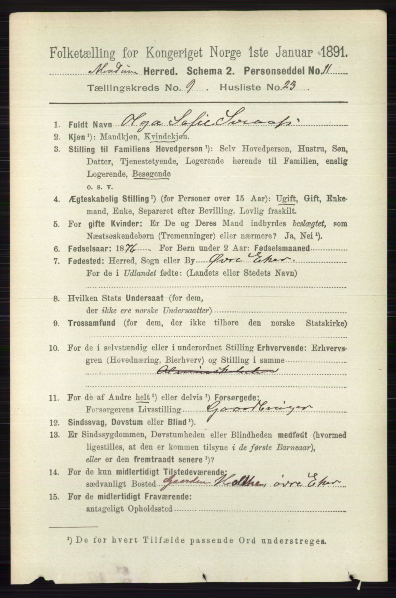 RA, 1891 census for 0623 Modum, 1891, p. 3600