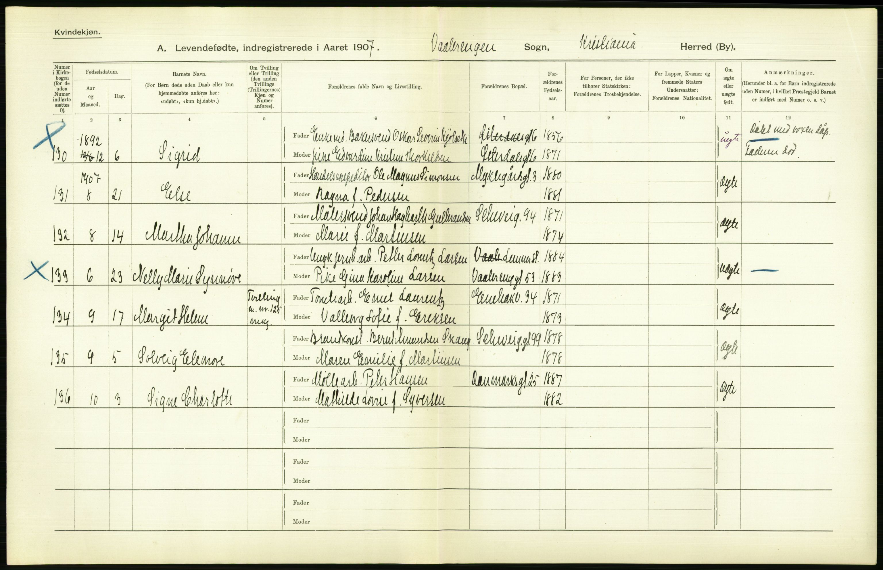 Statistisk sentralbyrå, Sosiodemografiske emner, Befolkning, AV/RA-S-2228/D/Df/Dfa/Dfae/L0007: Kristiania: Levendefødte menn og kvinner., 1907, p. 548