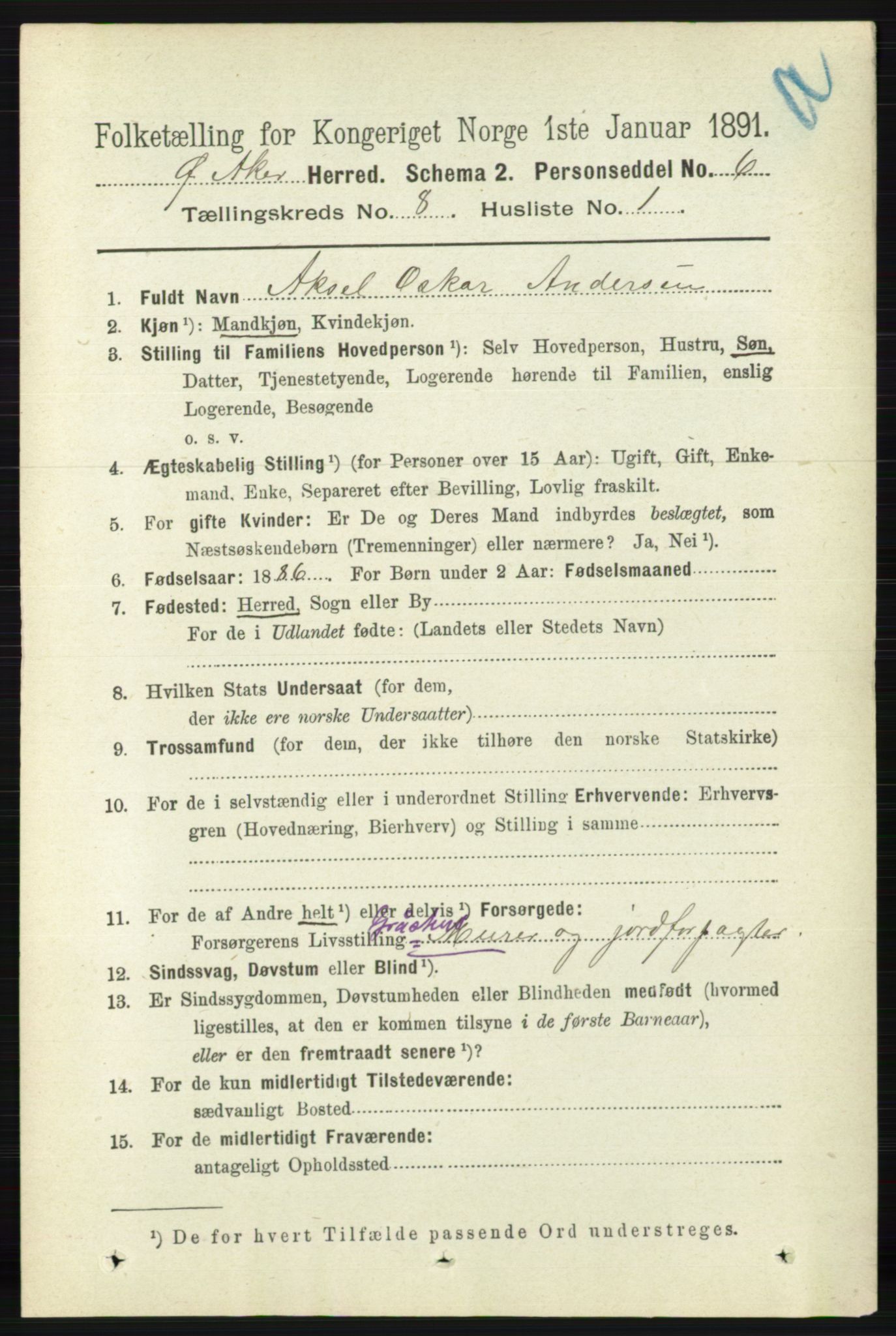 RA, 1891 census for 0218 Aker, 1891, p. 7238