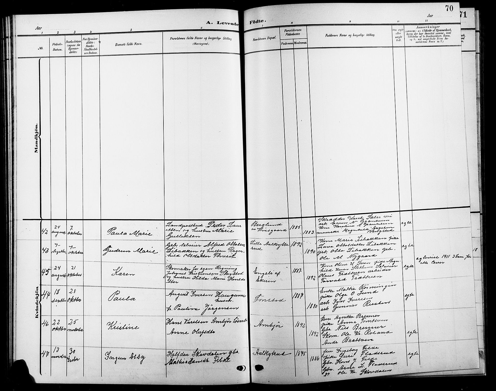 Biri prestekontor, SAH/PREST-096/H/Ha/Hab/L0005: Parish register (copy) no. 5, 1906-1919, p. 70