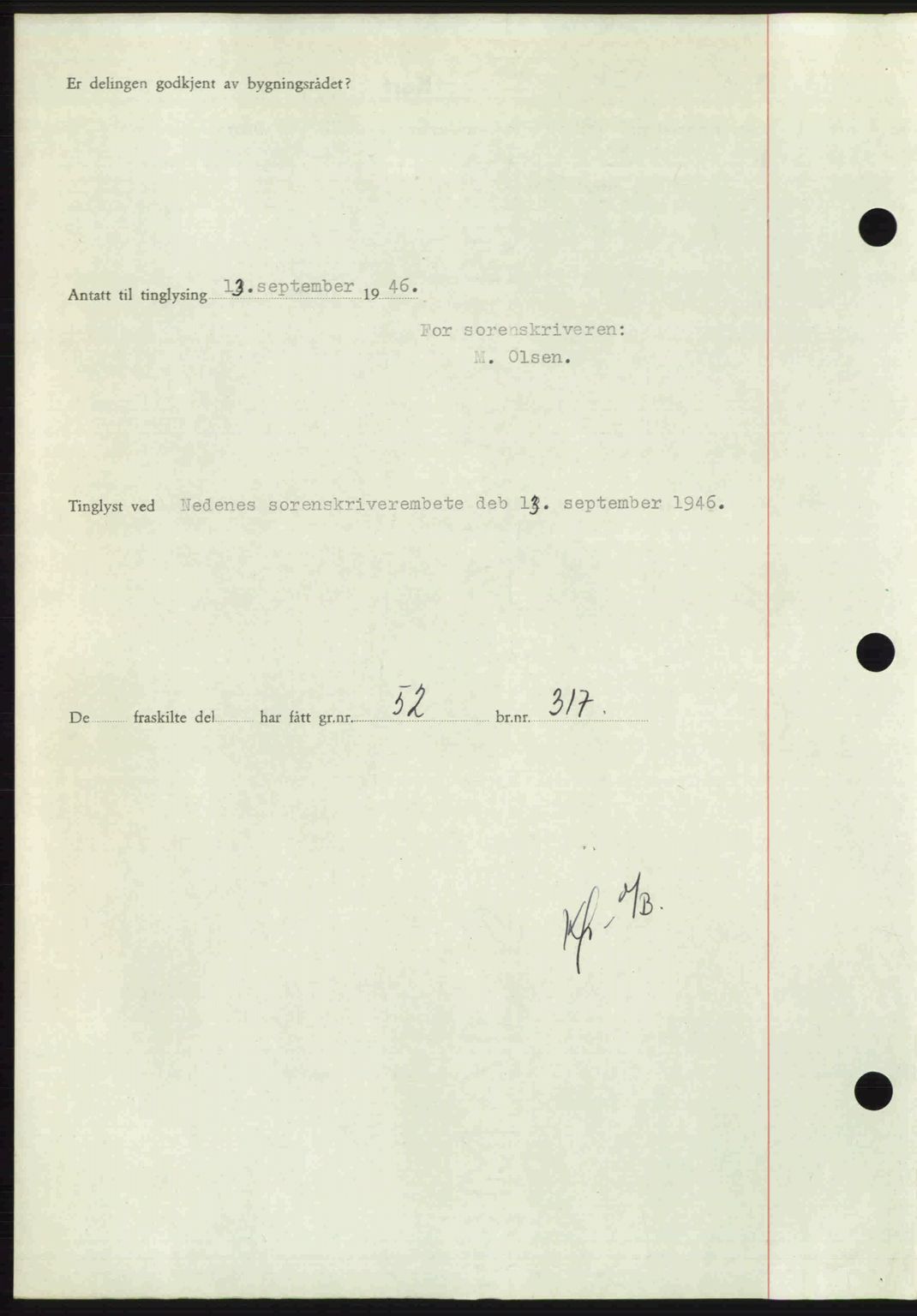 Nedenes sorenskriveri, AV/SAK-1221-0006/G/Gb/Gba/L0056: Mortgage book no. A8, 1946-1947, Diary no: : 1097/1946