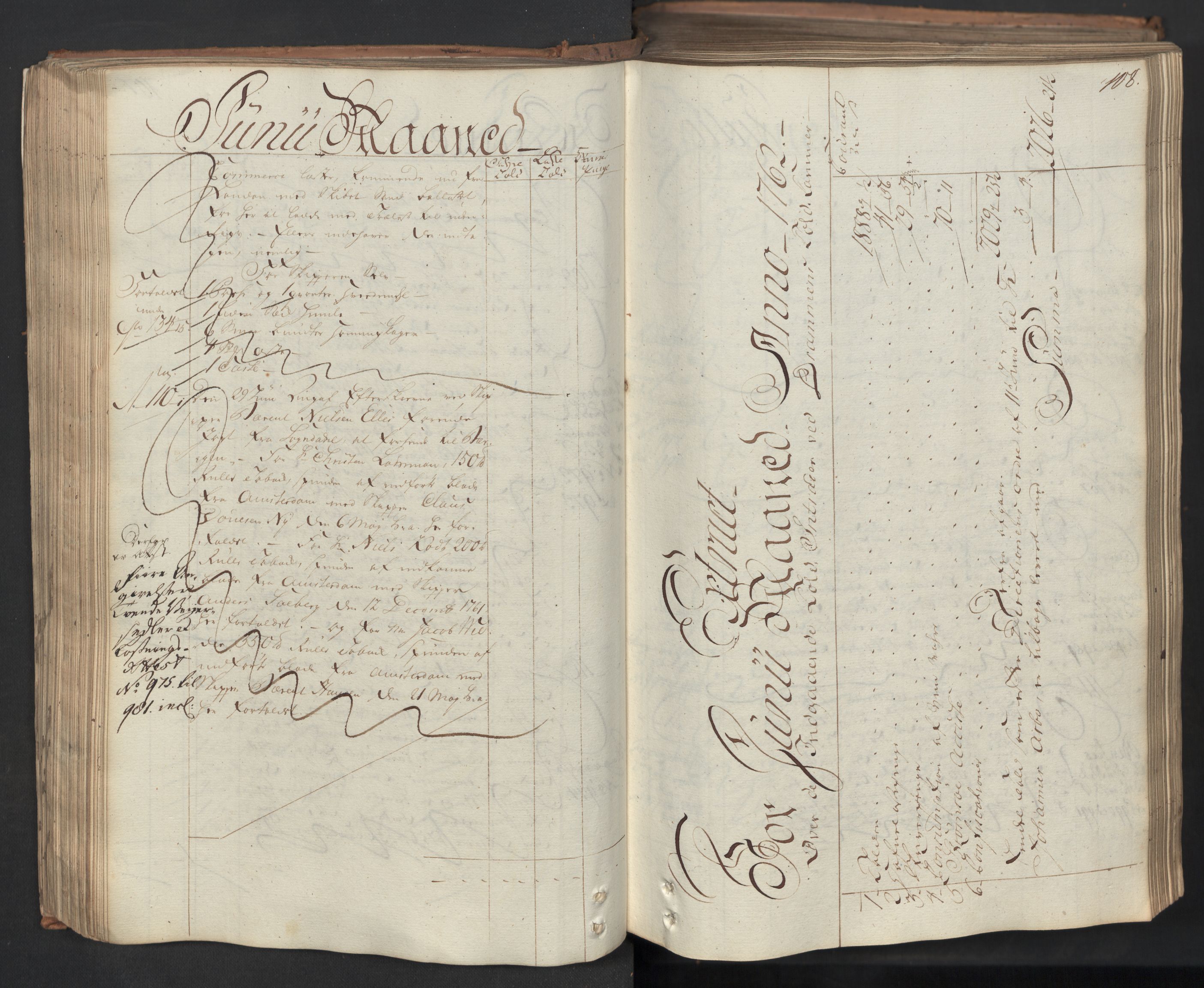 Generaltollkammeret, tollregnskaper, AV/RA-EA-5490/R08/L0053a/0001: Tollregnskaper Drammen / Inngående hovedtollbok, 1762, p. 107b-108a