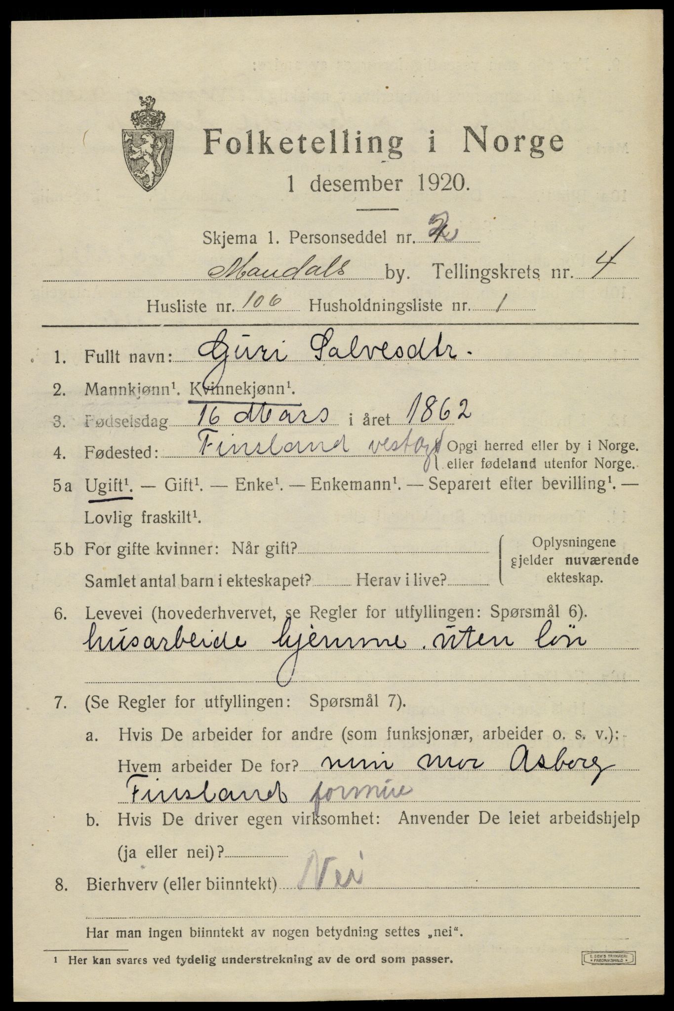 SAK, 1920 census for Mandal, 1920, p. 8165