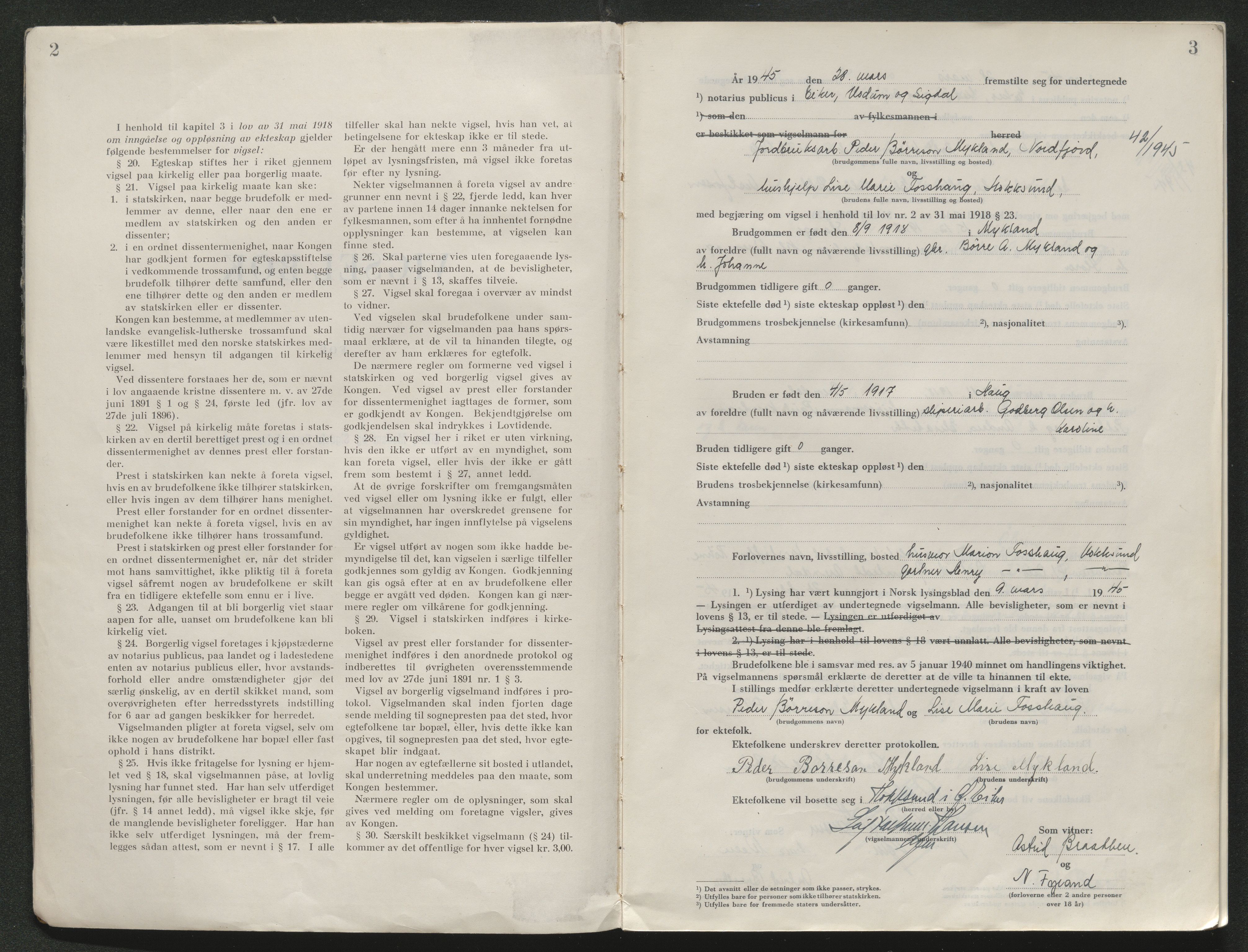 Eiker, Modum og Sigdal sorenskriveri, AV/SAKO-A-123/L/Lc/L0002/0002: Vigselsprotokoll / Vigselprotokoll, 1945-1954, p. 2-3
