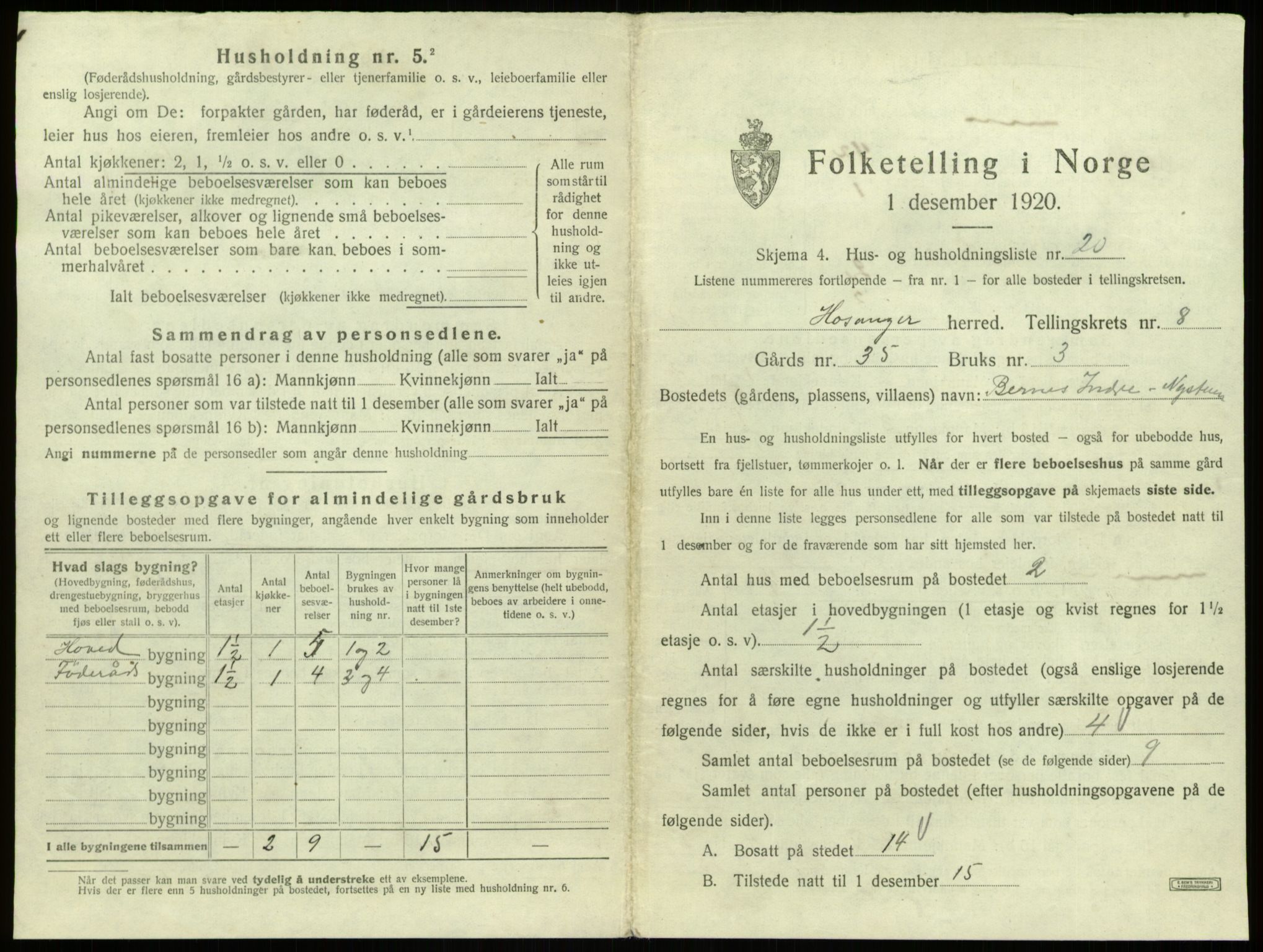 SAB, 1920 census for Hosanger, 1920, p. 464