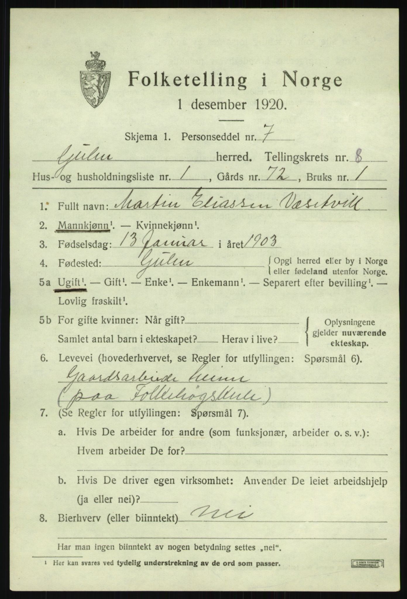 SAB, 1920 census for Gulen, 1920, p. 3507