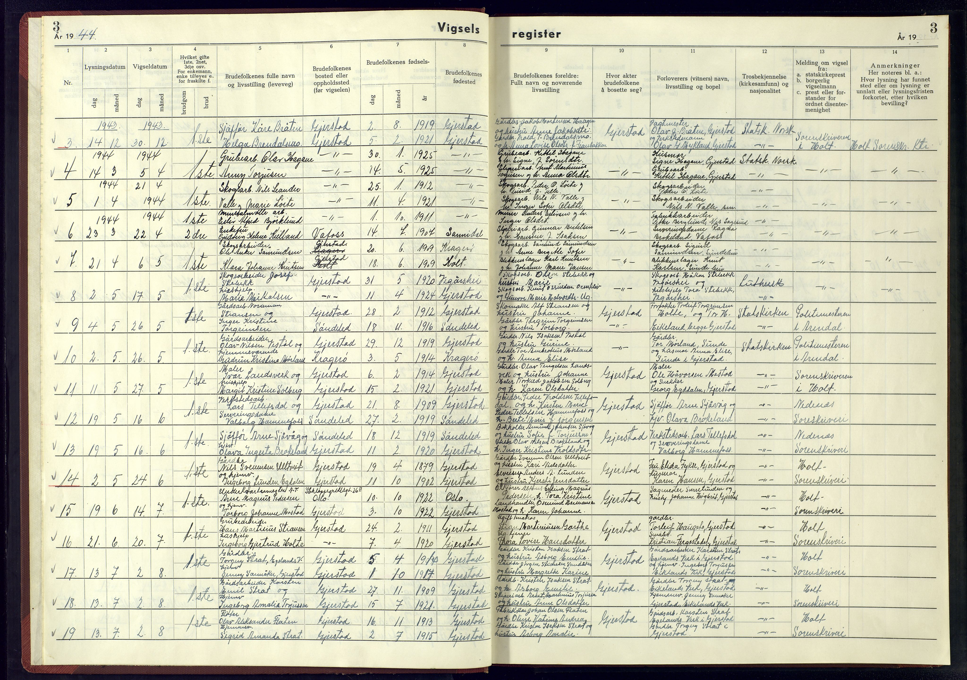 Gjerstad sokneprestkontor, SAK/1111-0014/J/Je/L0003: Marriage register no. A-VI-5, 1942-1945, p. 3