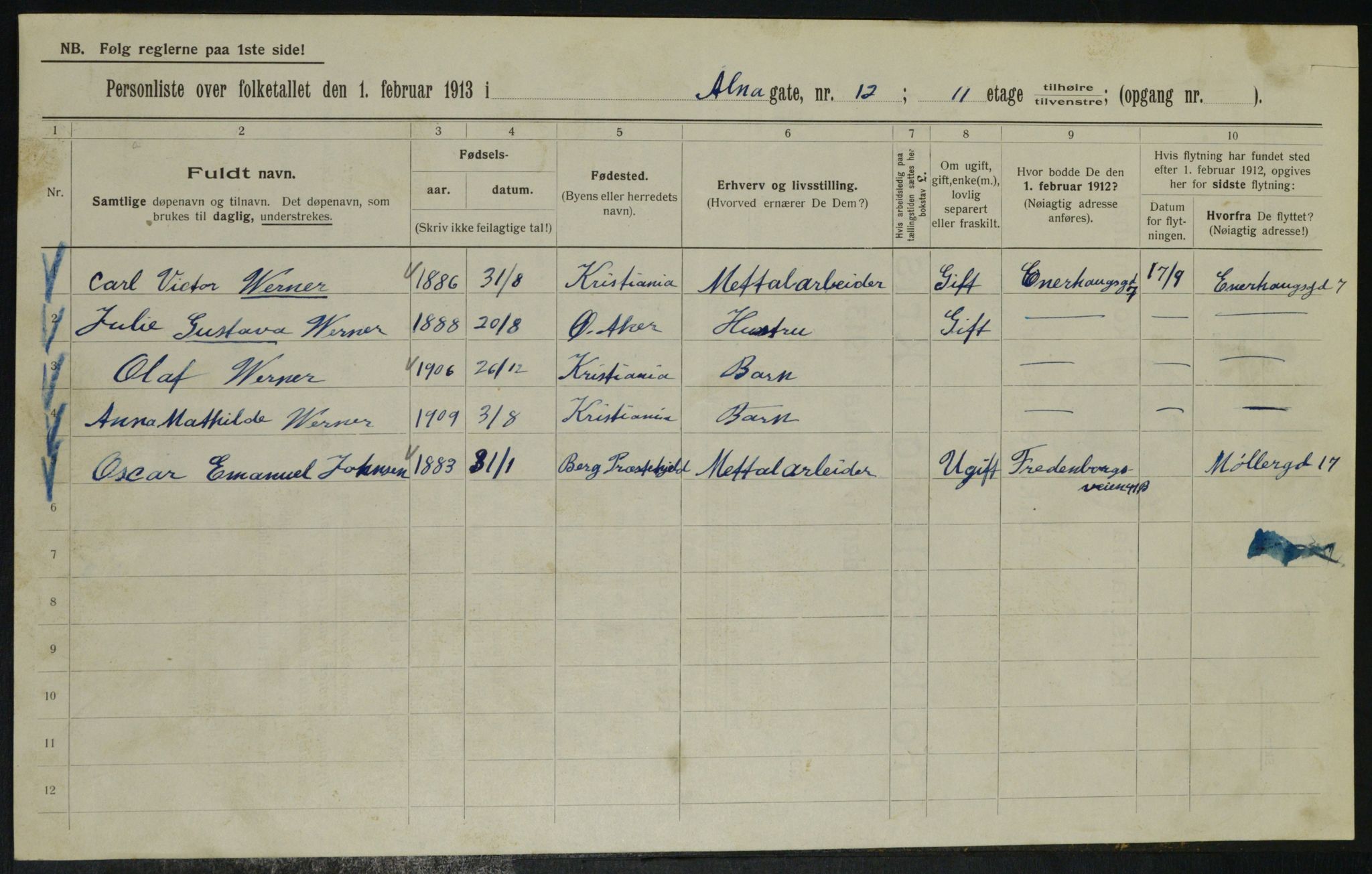 OBA, Municipal Census 1913 for Kristiania, 1913, p. 1248