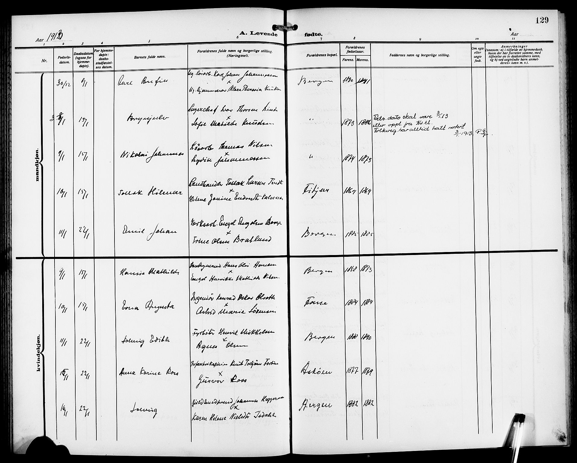 Fødselsstiftelsens sokneprestembete*, SAB/-: Parish register (copy) no. A 2, 1909-1916, p. 129