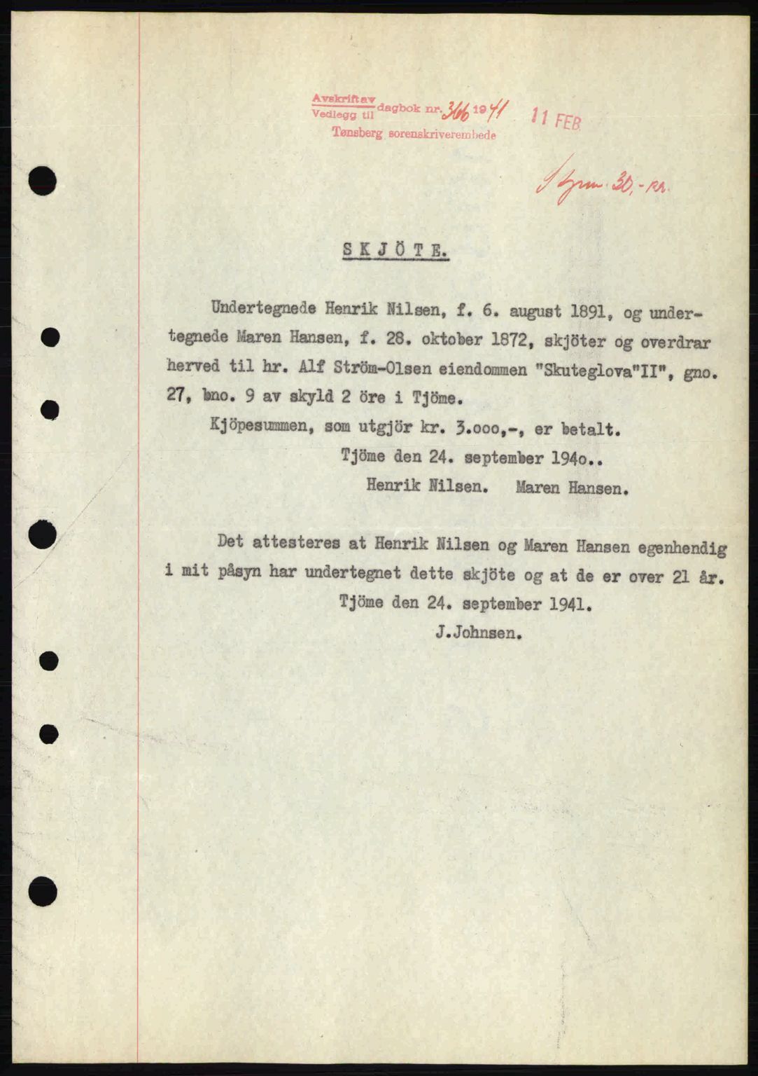 Tønsberg sorenskriveri, AV/SAKO-A-130/G/Ga/Gaa/L0009: Mortgage book no. A9, 1940-1941, Diary no: : 366/1941