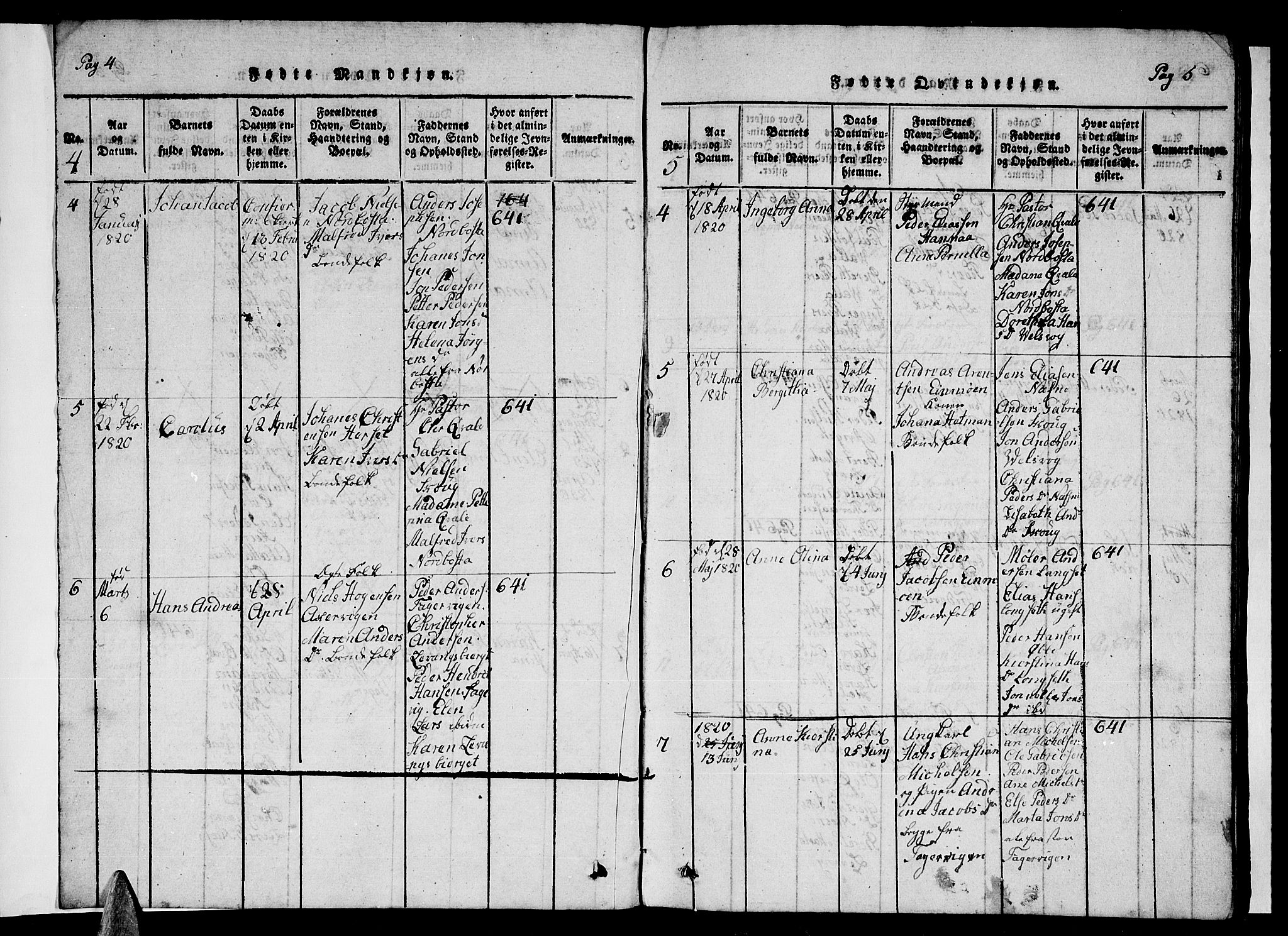 Ministerialprotokoller, klokkerbøker og fødselsregistre - Nordland, AV/SAT-A-1459/838/L0554: Parish register (copy) no. 838C01, 1820-1828, p. 4-5