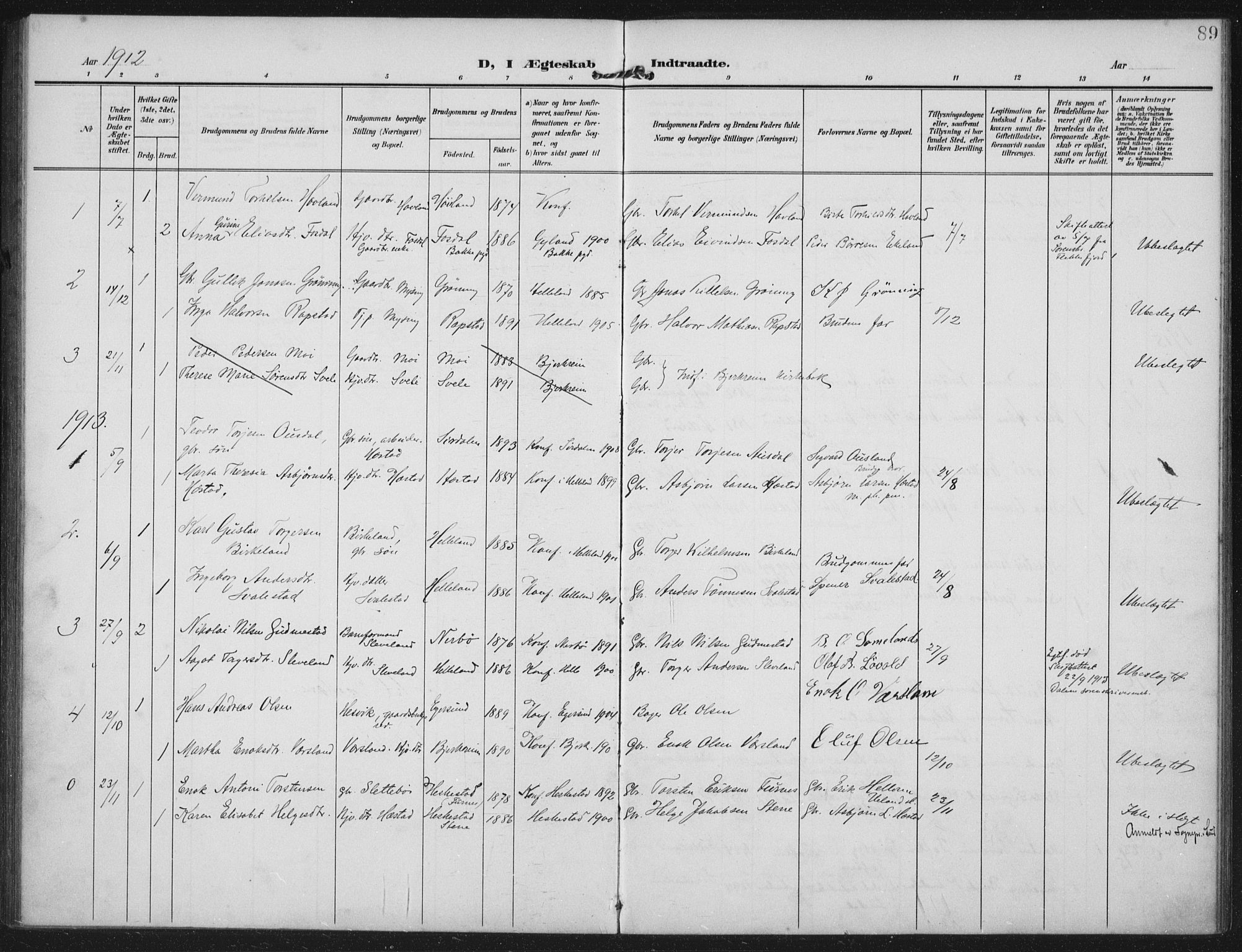 Helleland sokneprestkontor, SAST/A-101810: Parish register (official) no. A 12, 1906-1923, p. 89