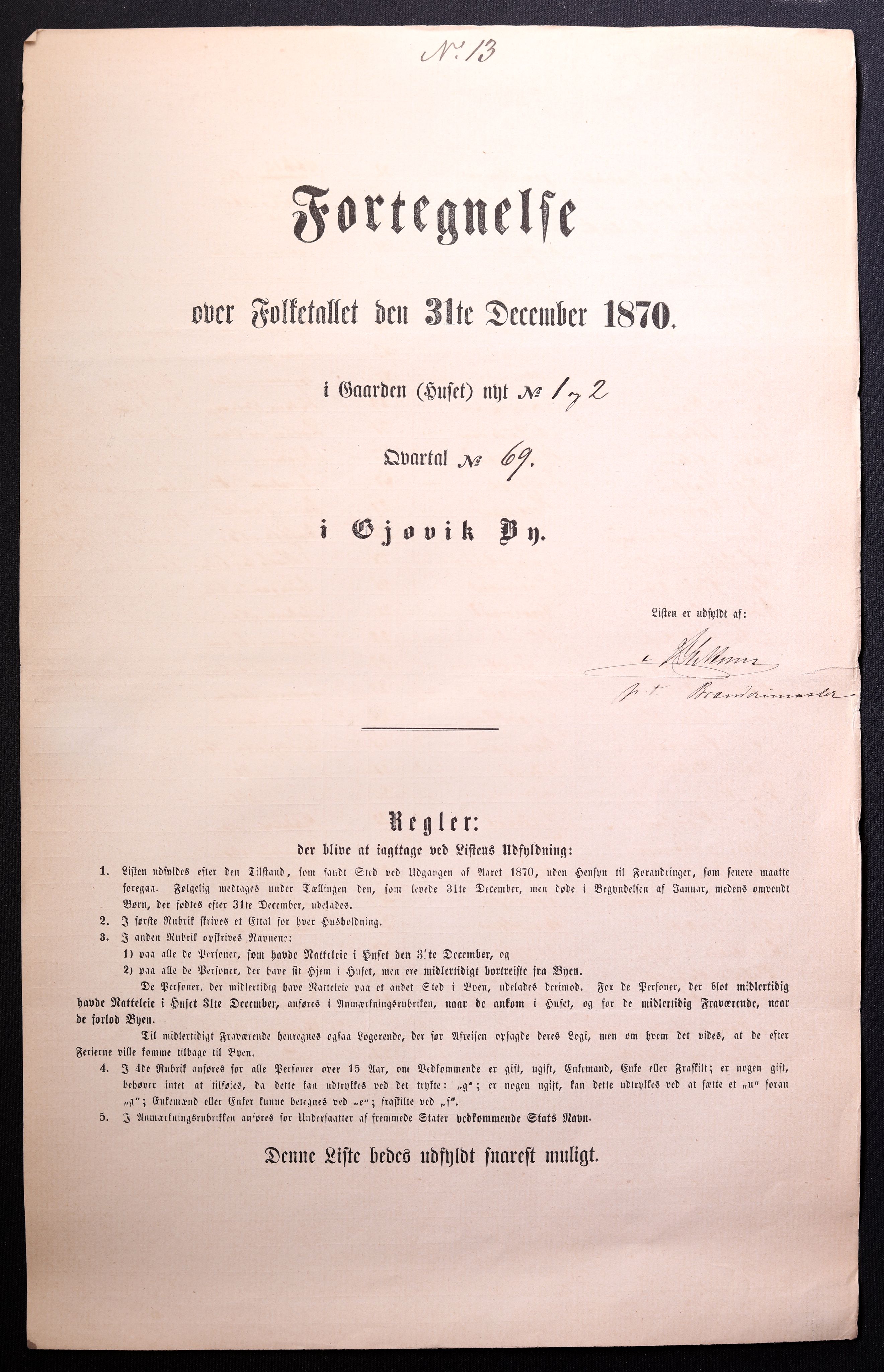 RA, 1870 census for 0502 Gjøvik, 1870, p. 13