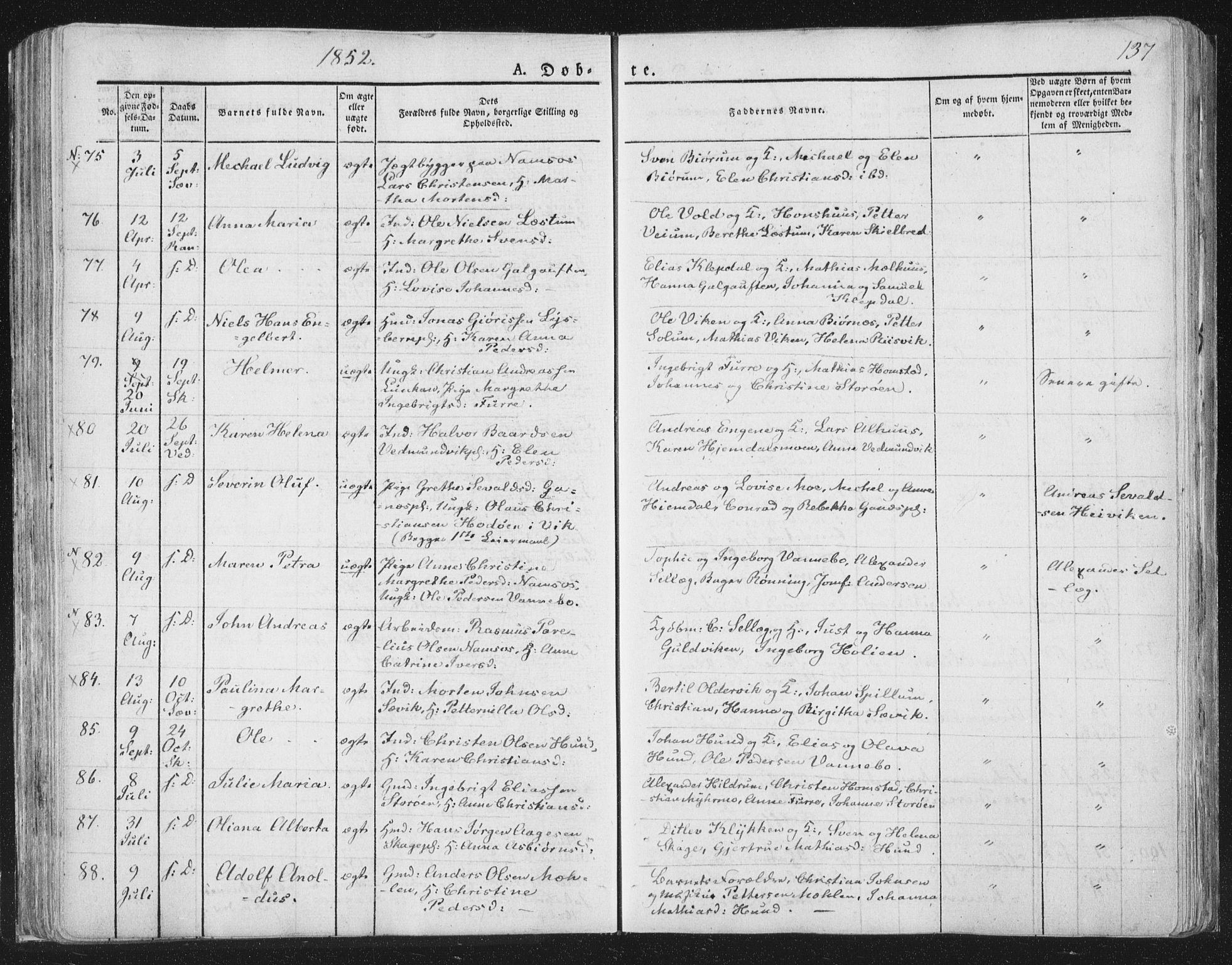 Ministerialprotokoller, klokkerbøker og fødselsregistre - Nord-Trøndelag, AV/SAT-A-1458/764/L0551: Parish register (official) no. 764A07a, 1824-1864, p. 137