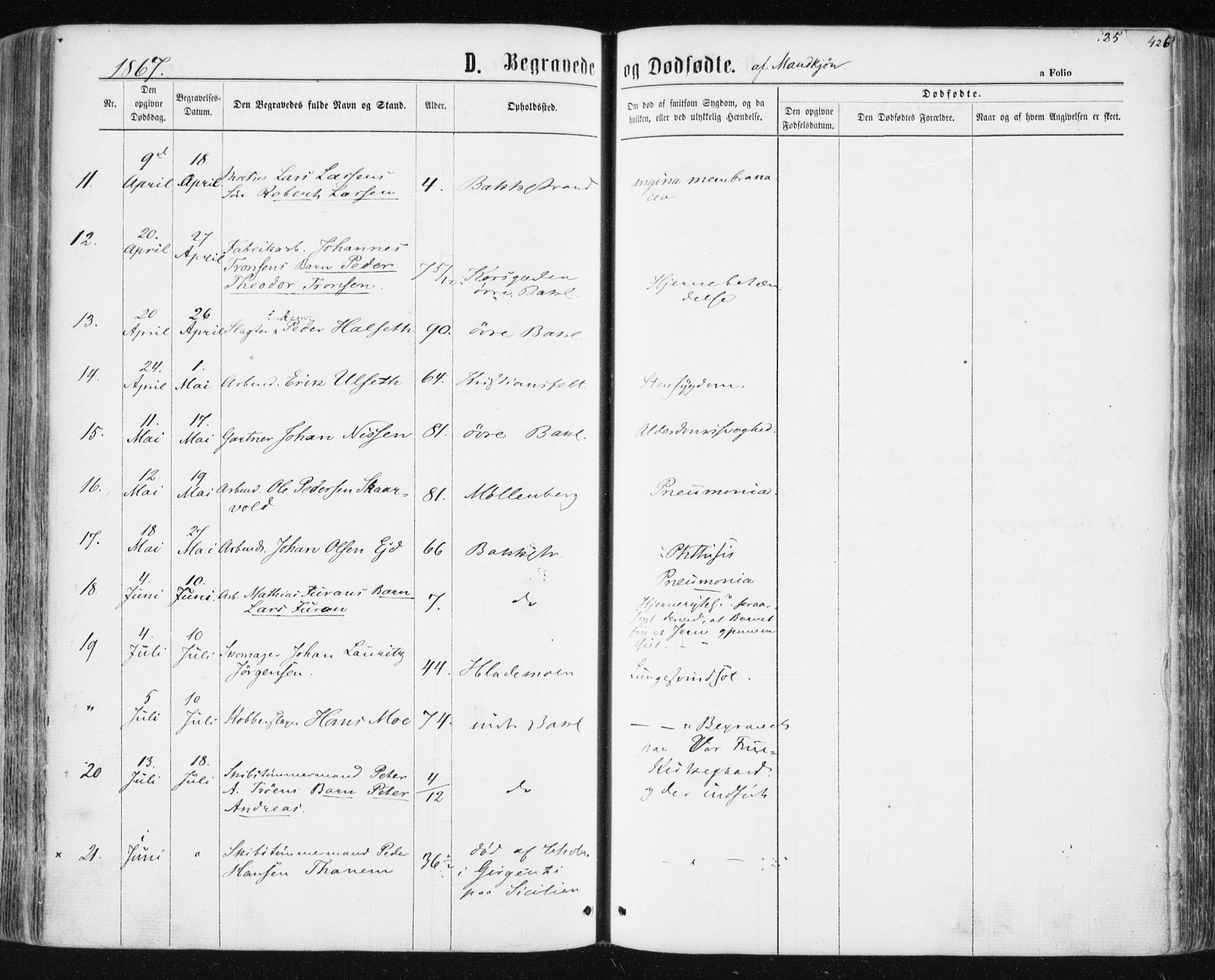 Ministerialprotokoller, klokkerbøker og fødselsregistre - Sør-Trøndelag, SAT/A-1456/604/L0186: Parish register (official) no. 604A07, 1866-1877, p. 425