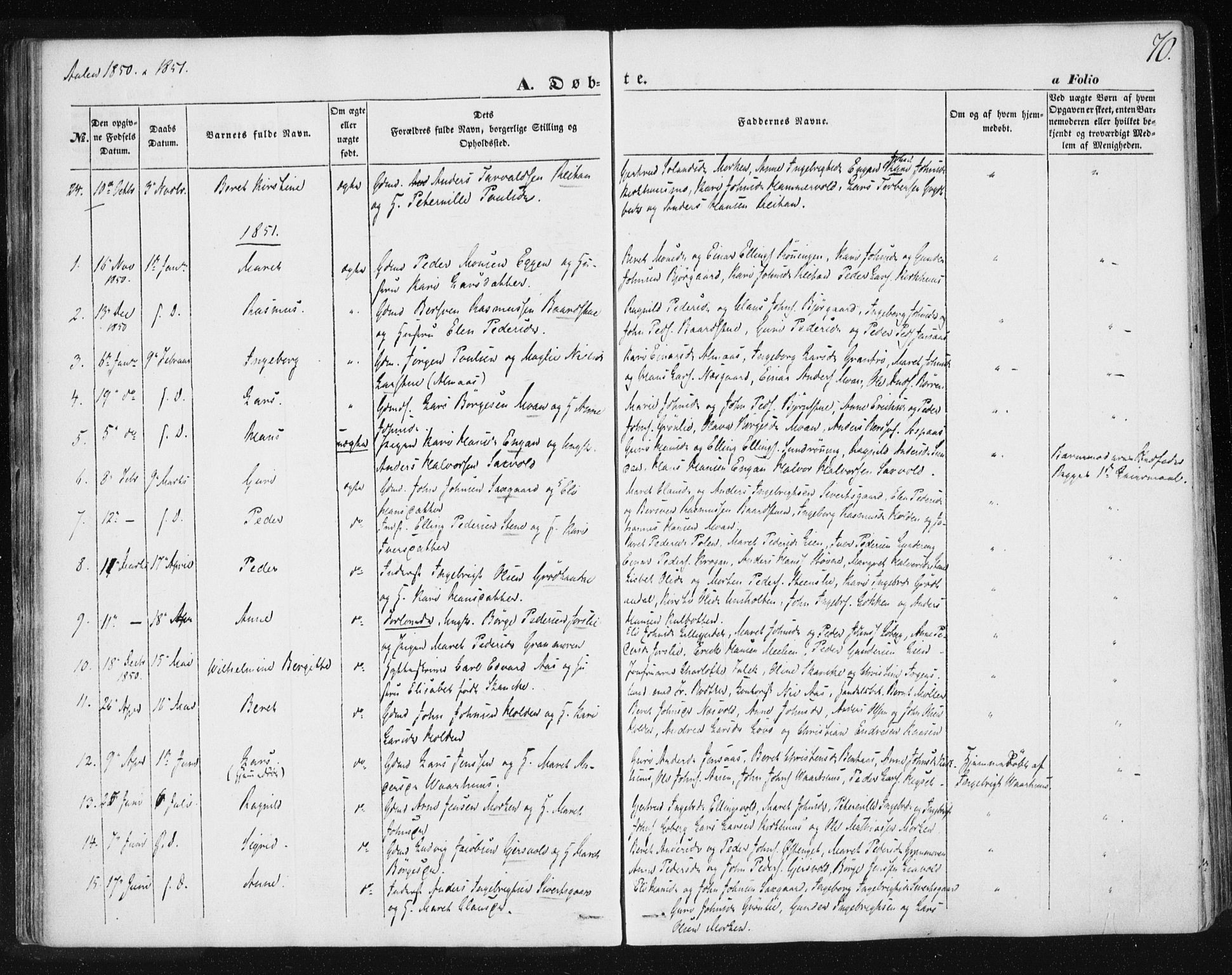 Ministerialprotokoller, klokkerbøker og fødselsregistre - Sør-Trøndelag, SAT/A-1456/685/L0965: Parish register (official) no. 685A06 /3, 1846-1859, p. 70