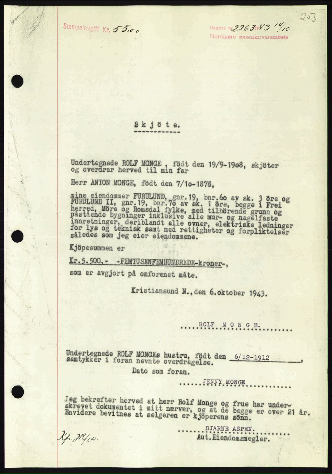 Nordmøre sorenskriveri, SAT/A-4132/1/2/2Ca: Mortgage book no. A96, 1943-1944, Diary no: : 2263/1943
