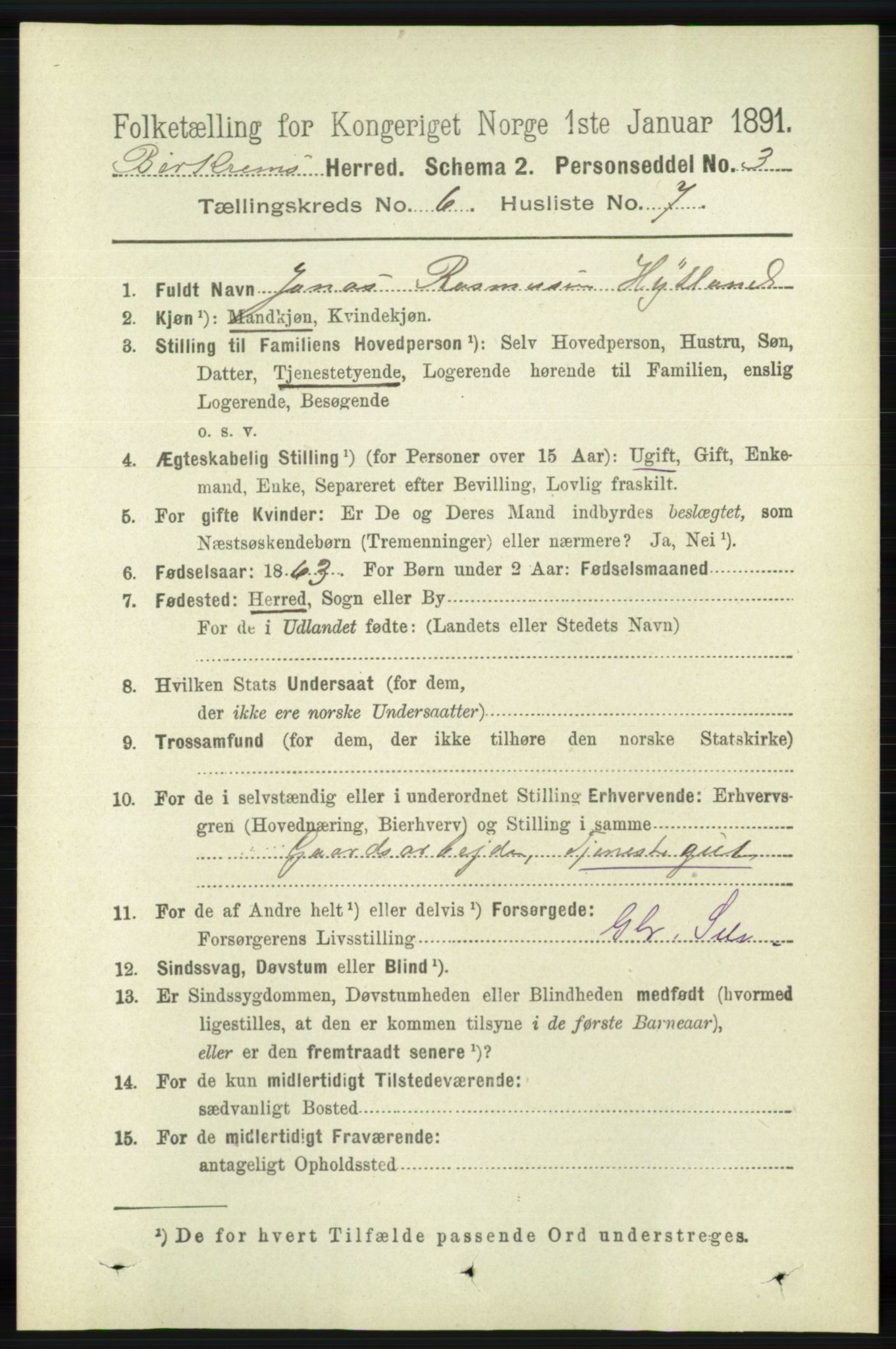 RA, 1891 census for 1114 Bjerkreim, 1891, p. 2110