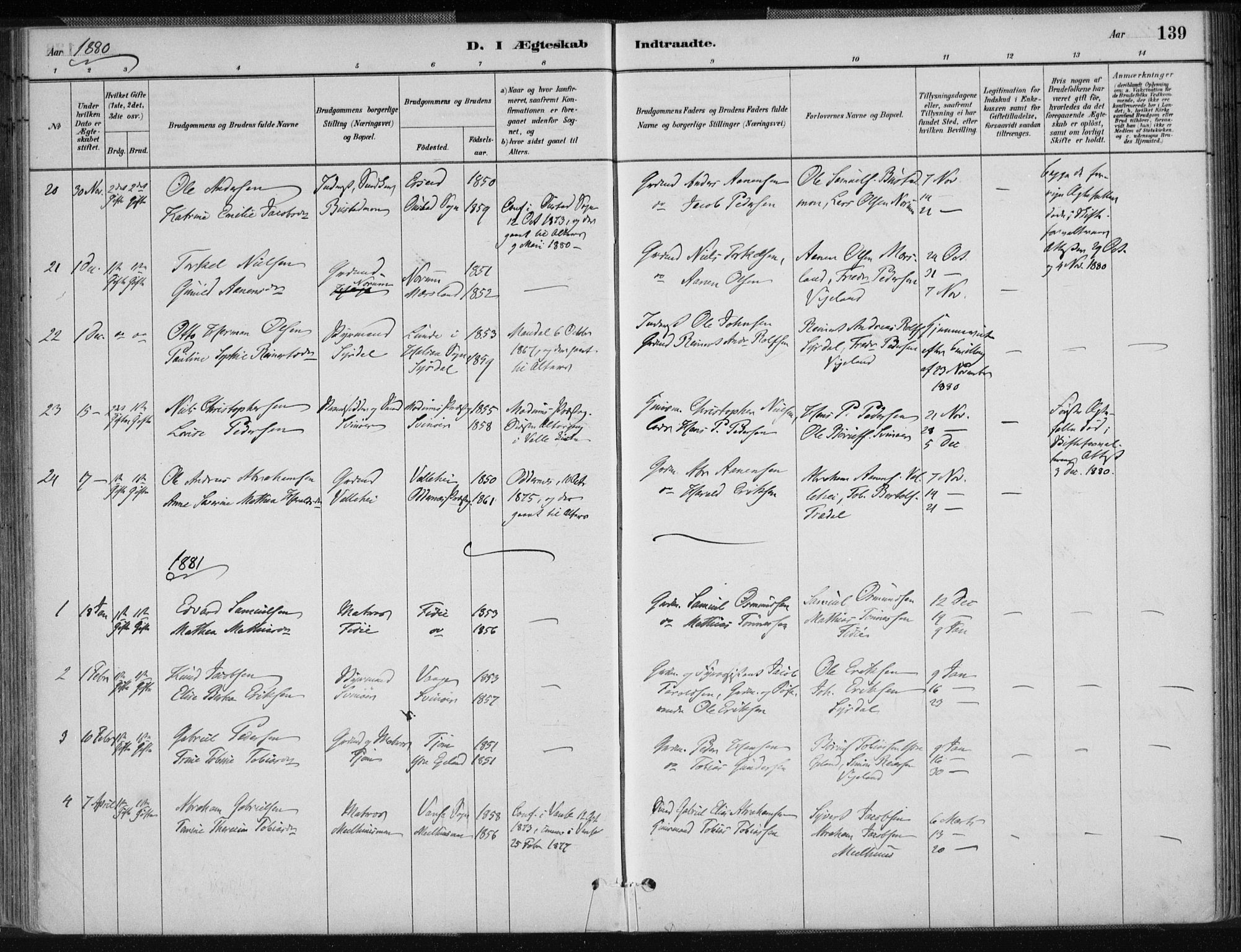 Sør-Audnedal sokneprestkontor, AV/SAK-1111-0039/F/Fa/Fab/L0009: Parish register (official) no. A 9, 1880-1895, p. 139