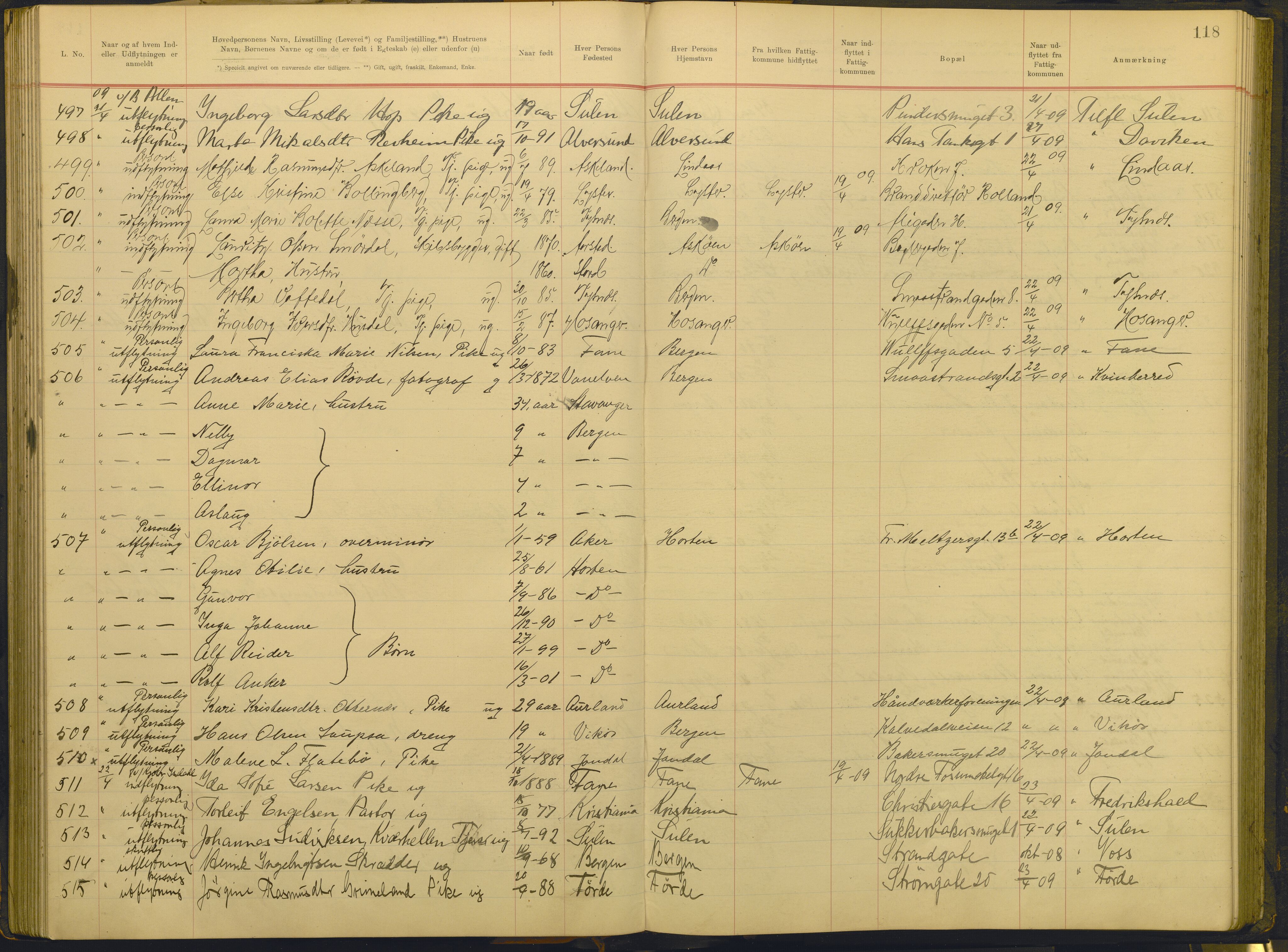 Bergen politikammer / politidistrikt, AV/SAB-A-60401/J.g/L0005: Protokoll over inn- og utflyttede, 1908-1910, p. 118