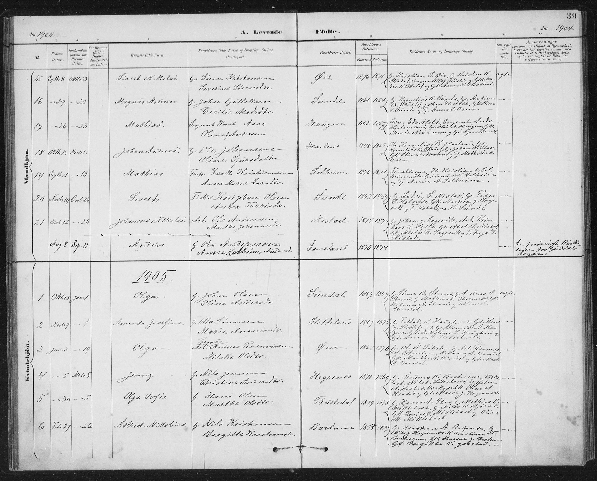 Fjaler sokneprestembete, SAB/A-79801/H/Hab/Habc/L0003: Parish register (copy) no. C 3, 1894-1917, p. 39