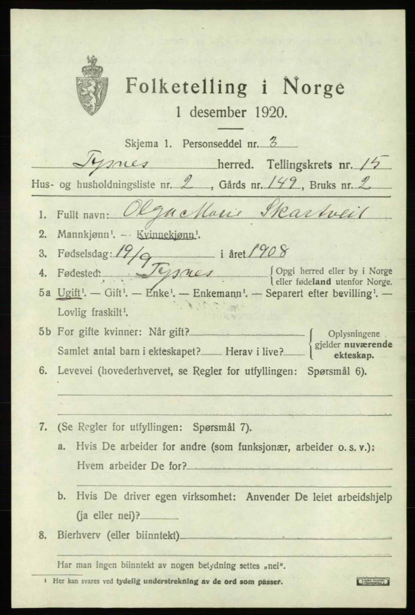 SAB, 1920 census for Tysnes, 1920, p. 9948