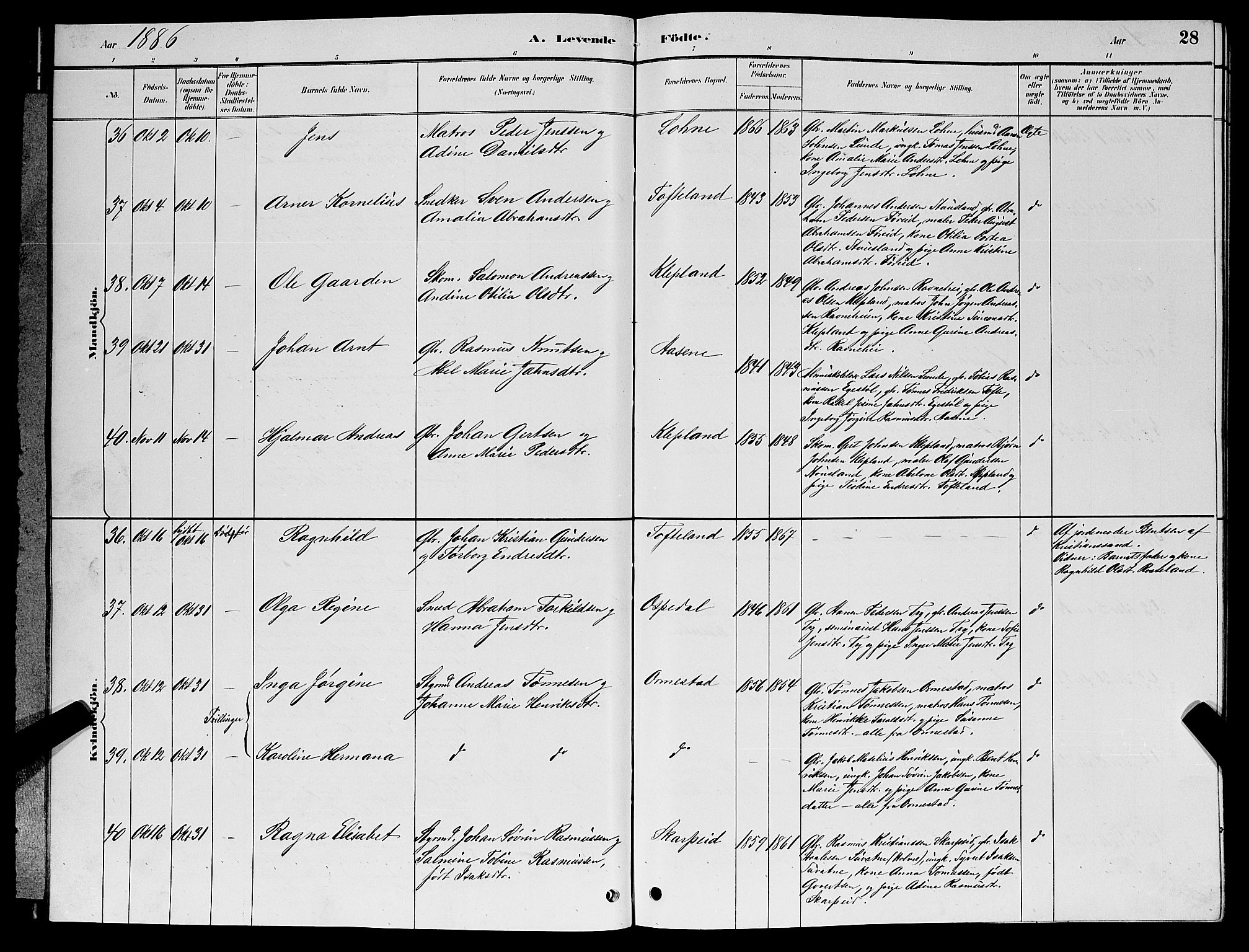 Søgne sokneprestkontor, AV/SAK-1111-0037/F/Fb/Fbb/L0005: Parish register (copy) no. B 5, 1884-1891, p. 28