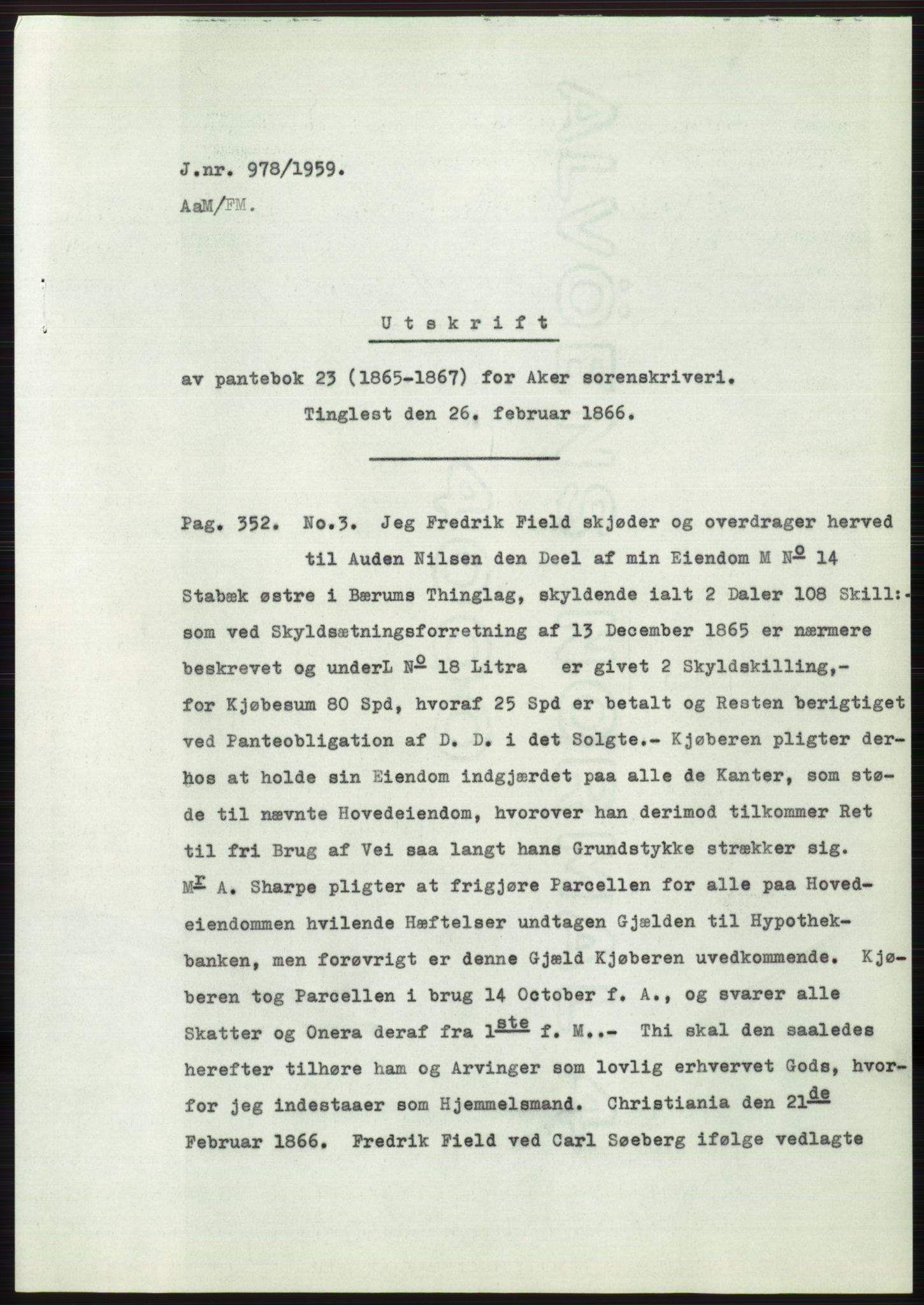 Statsarkivet i Oslo, AV/SAO-A-10621/Z/Zd/L0010: Avskrifter, j.nr 753-1498/1959, 1959, p. 97