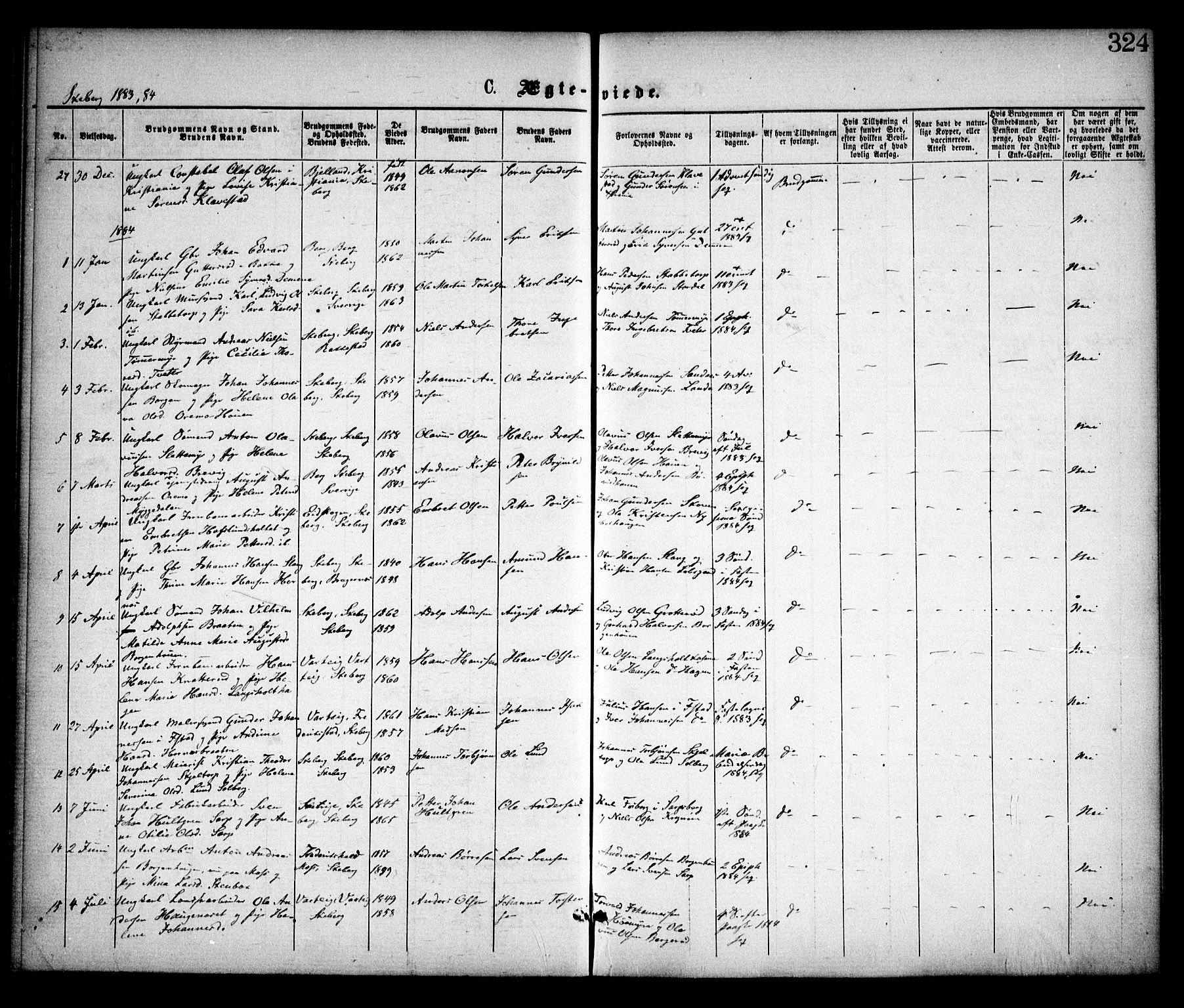 Skjeberg prestekontor Kirkebøker, AV/SAO-A-10923/F/Fa/L0008: Parish register (official) no. I 8, 1869-1885, p. 324