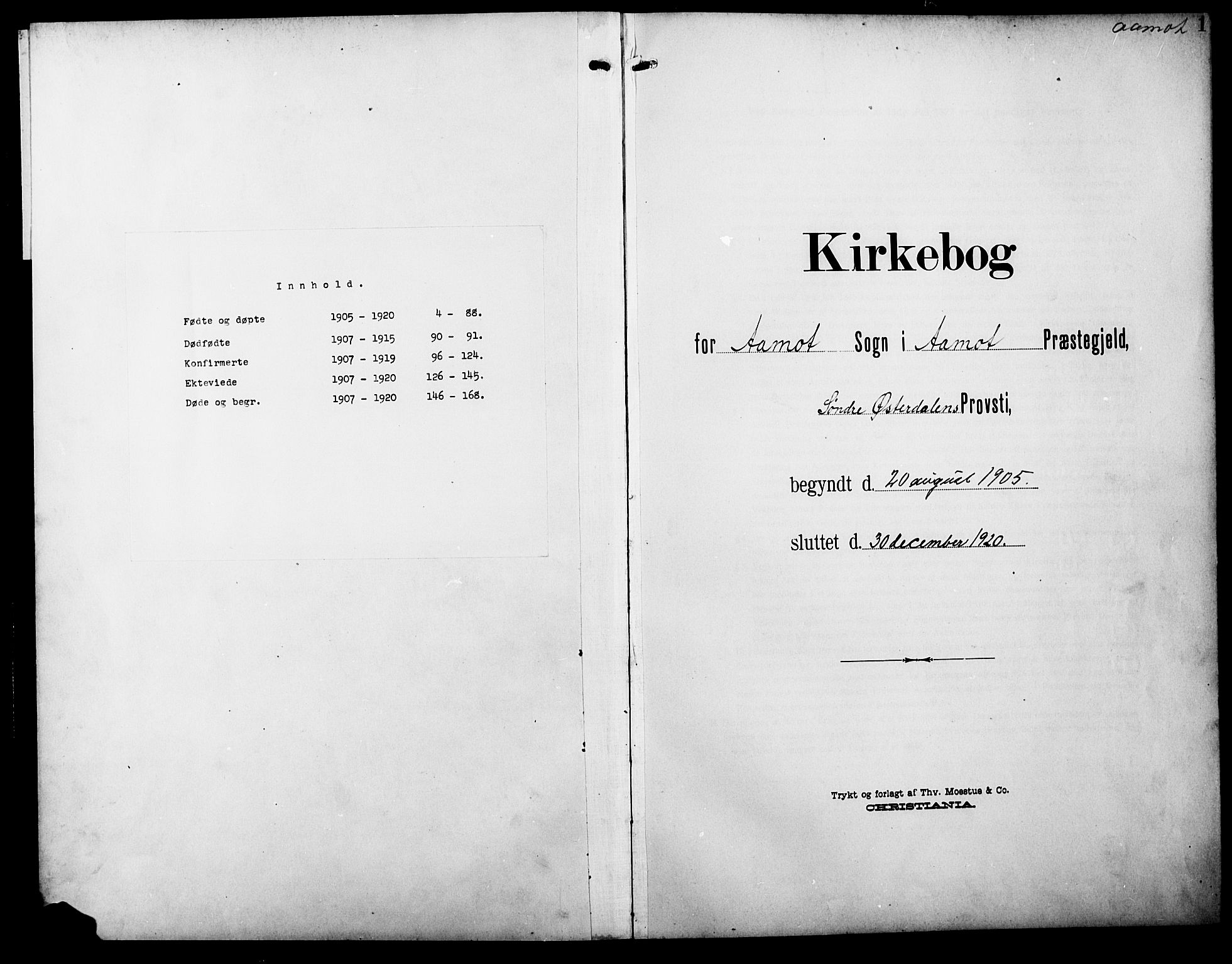 Åmot prestekontor, Hedmark, AV/SAH-PREST-056/H/Ha/Hab/L0004: Parish register (copy) no. 4, 1905-1920, p. 1