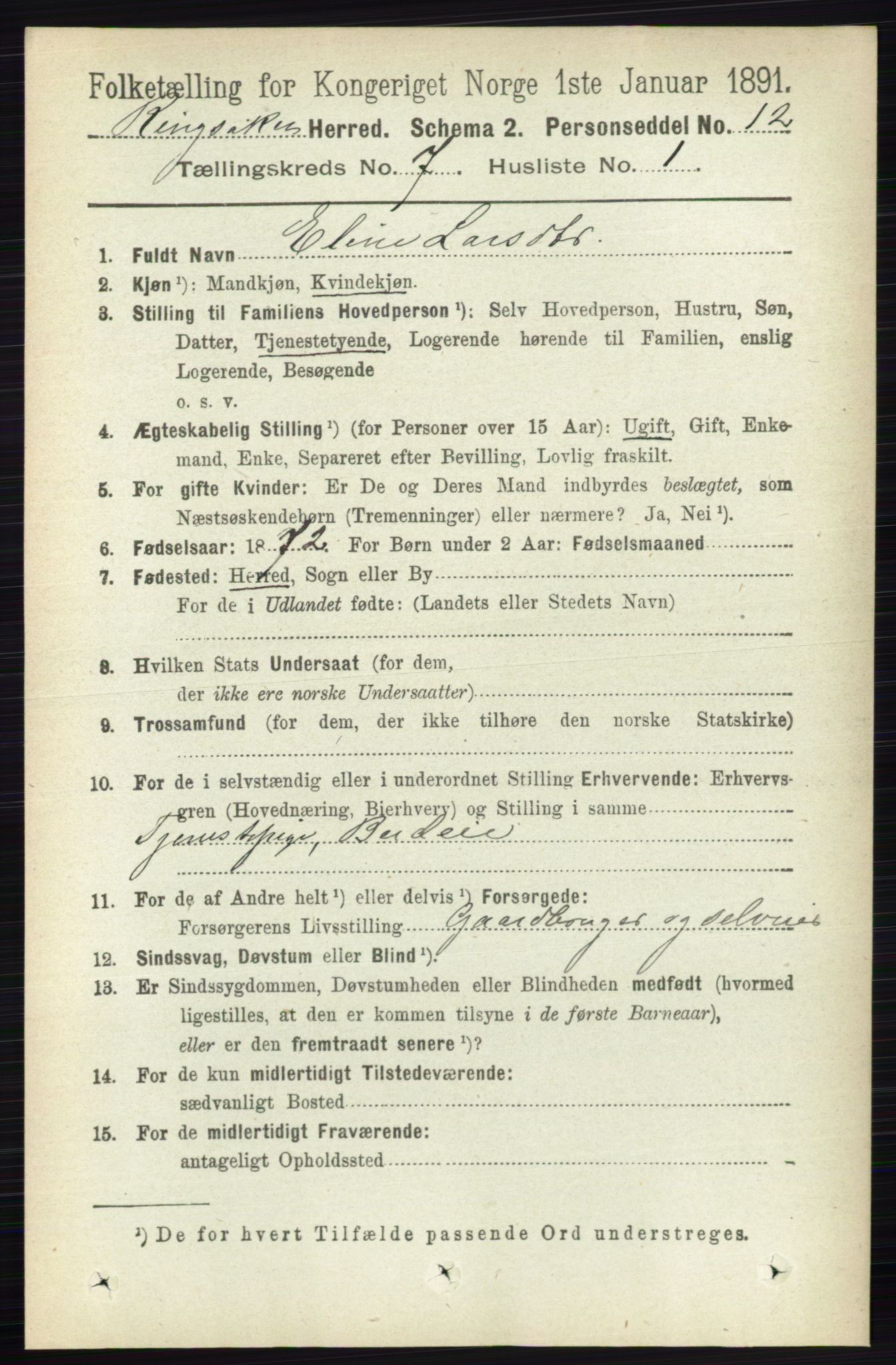 RA, 1891 census for 0412 Ringsaker, 1891, p. 3877