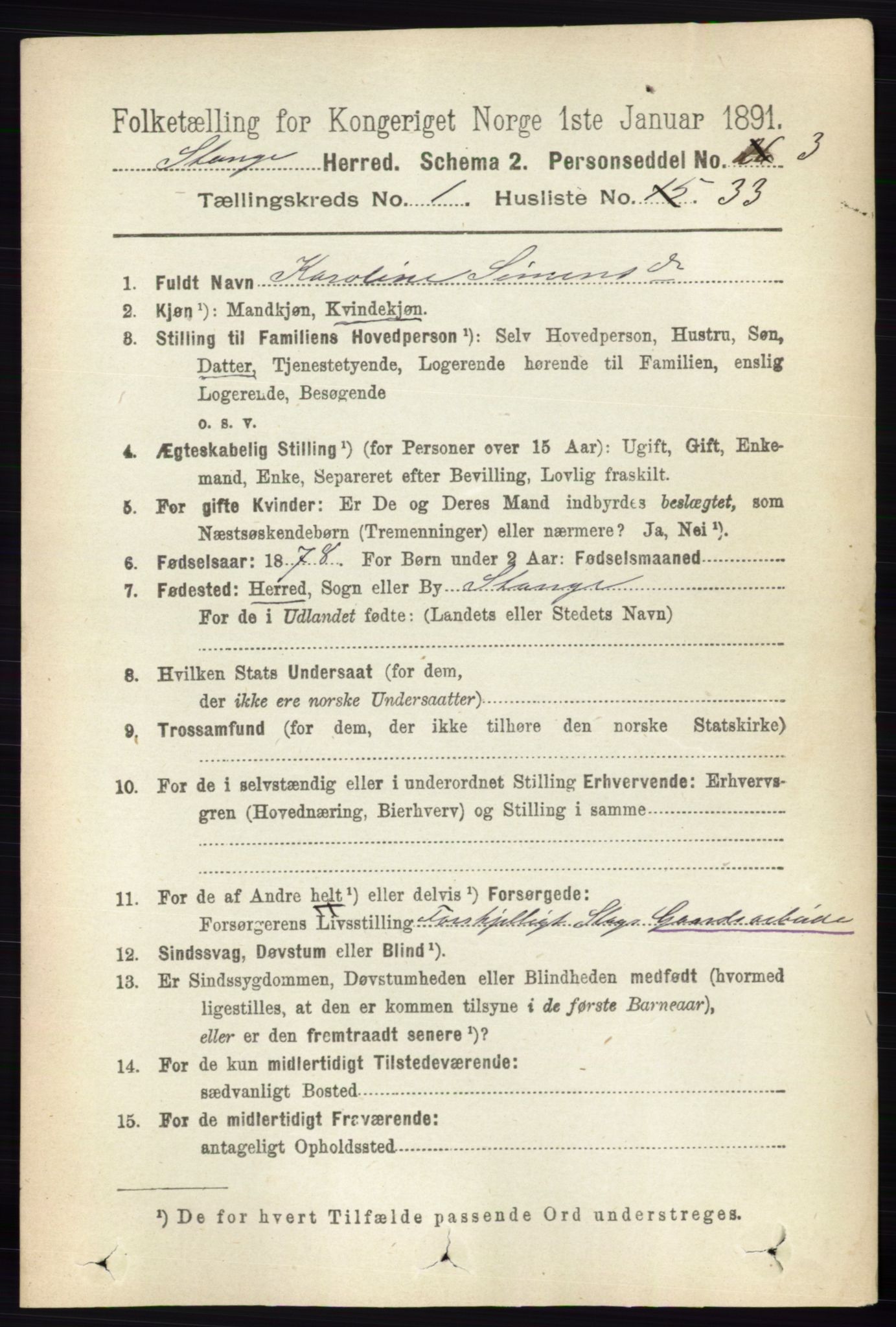 RA, 1891 census for 0417 Stange, 1891, p. 404