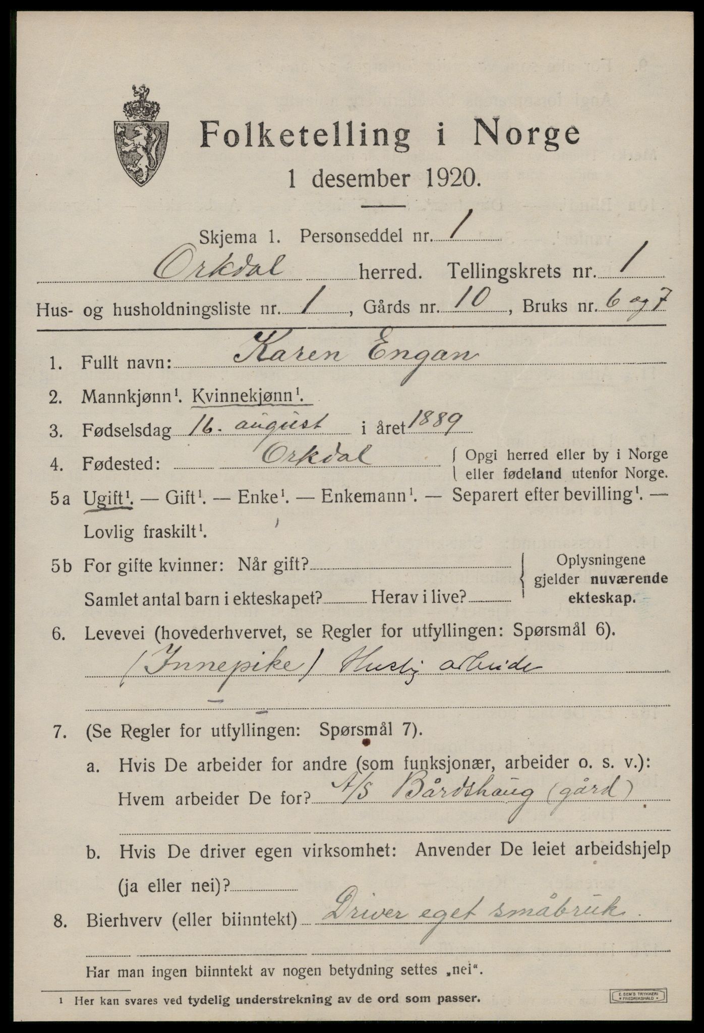 SAT, 1920 census for Orkdal, 1920, p. 1226