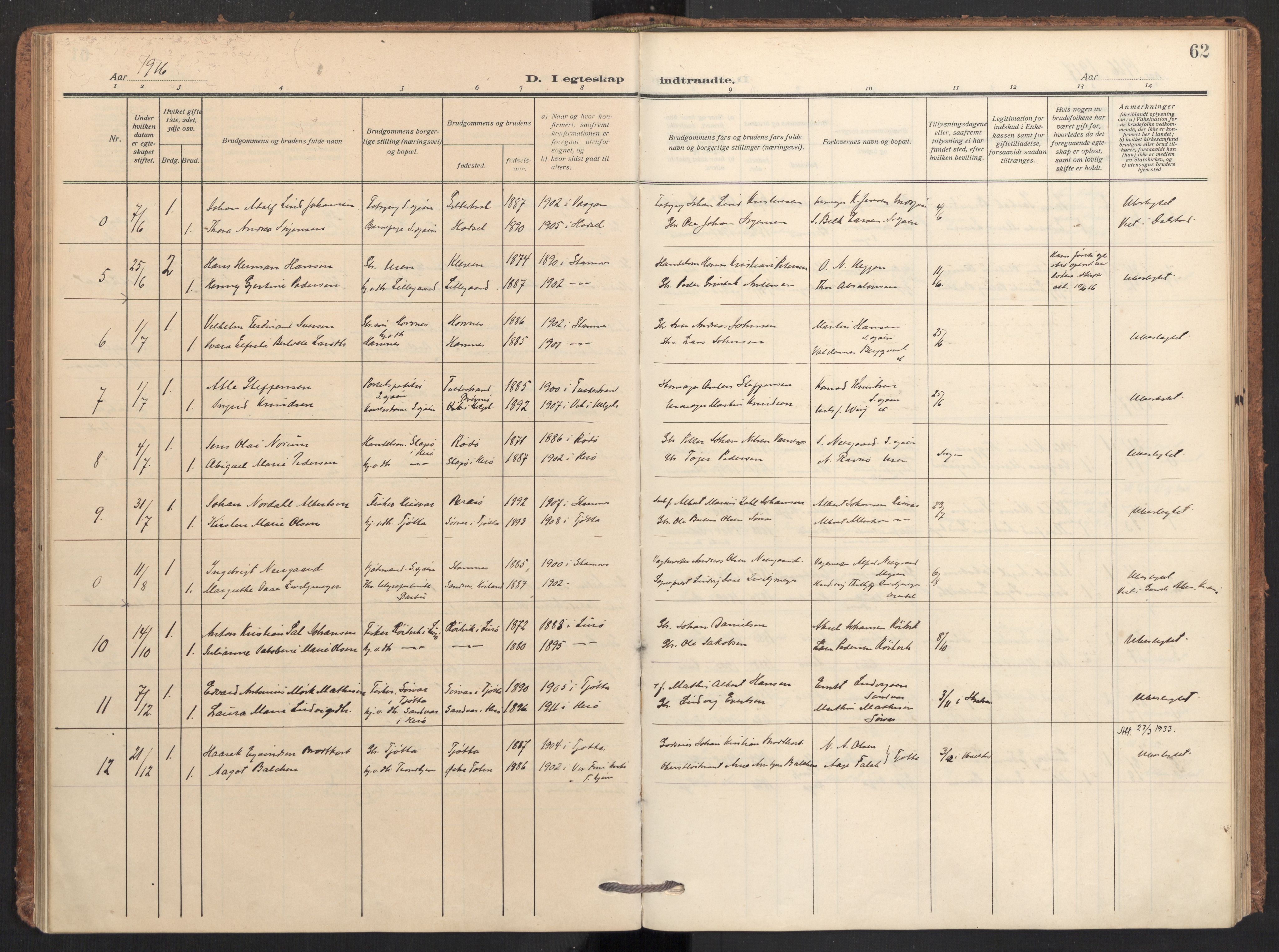 Ministerialprotokoller, klokkerbøker og fødselsregistre - Nordland, AV/SAT-A-1459/831/L0473: Parish register (official) no. 831A04, 1909-1934, p. 62