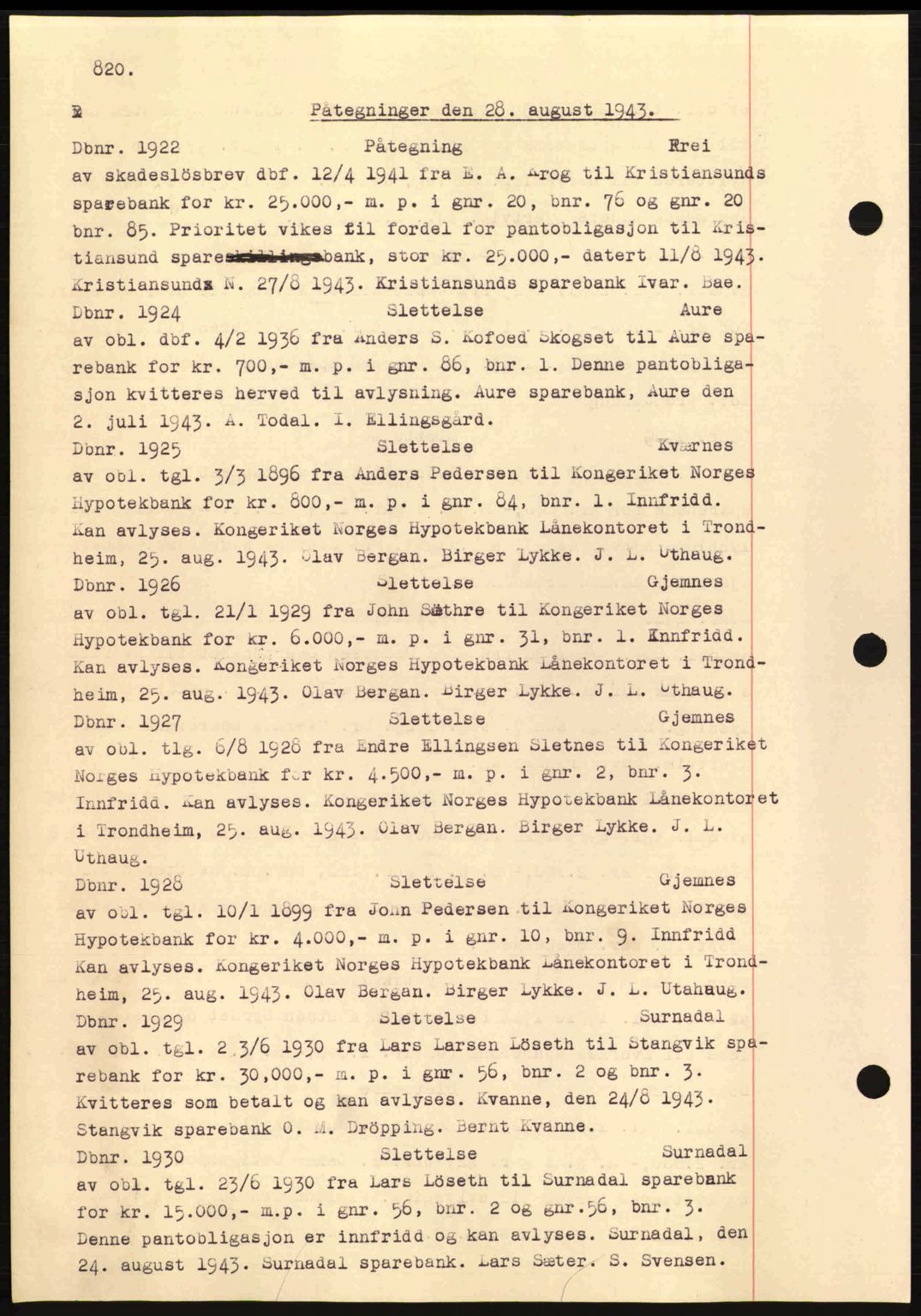 Nordmøre sorenskriveri, AV/SAT-A-4132/1/2/2Ca: Mortgage book no. C81, 1940-1945, Diary no: : 1922/1943