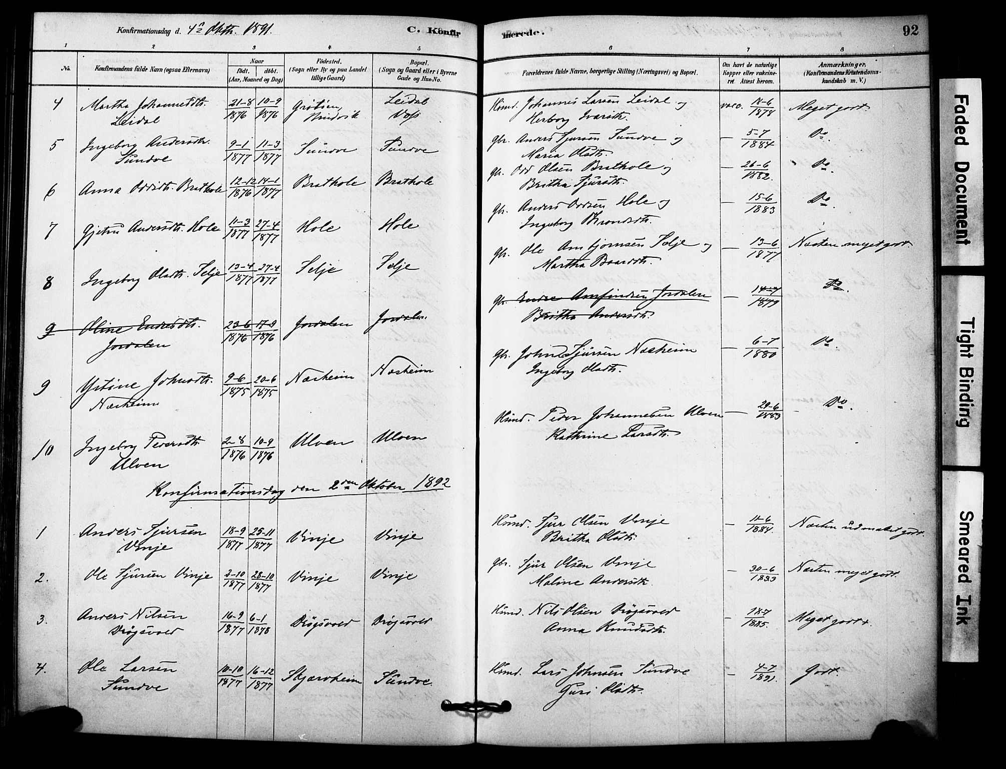 Vossestrand Sokneprestembete, AV/SAB-A-79101/H/Haa: Parish register (official) no. C 1, 1878-1903, p. 92