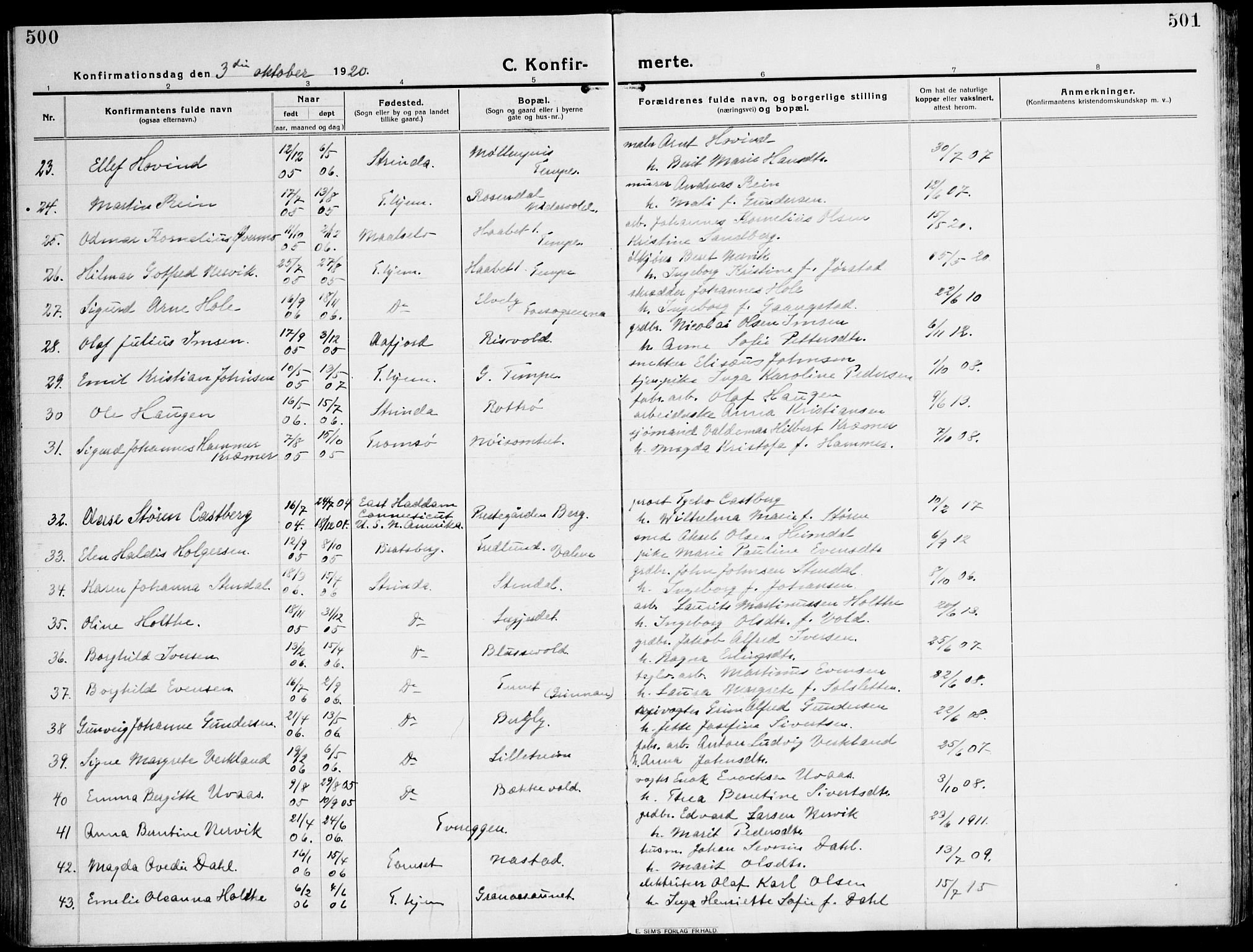 Ministerialprotokoller, klokkerbøker og fødselsregistre - Sør-Trøndelag, AV/SAT-A-1456/607/L0321: Parish register (official) no. 607A05, 1916-1935, p. 500-501