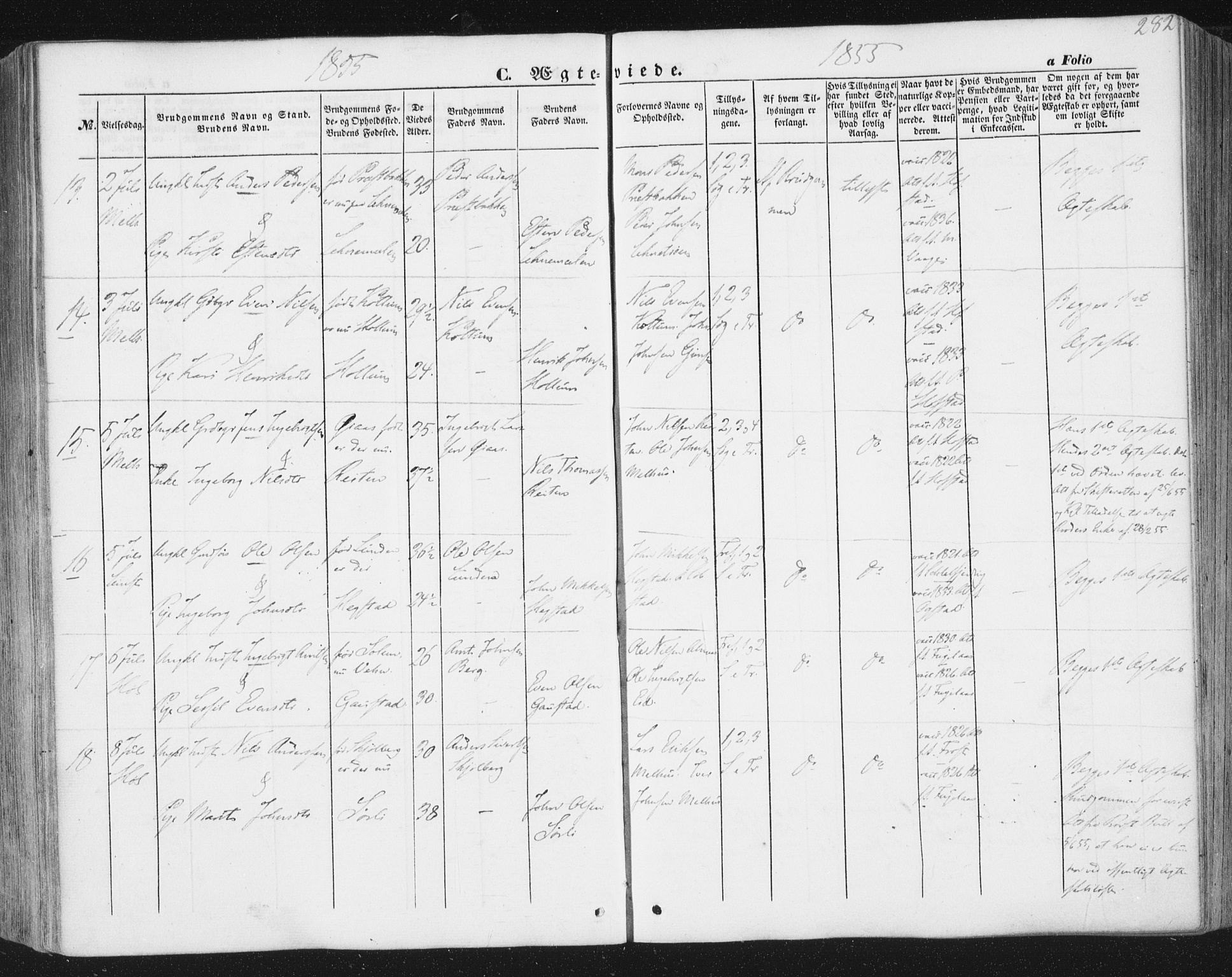 Ministerialprotokoller, klokkerbøker og fødselsregistre - Sør-Trøndelag, AV/SAT-A-1456/691/L1076: Parish register (official) no. 691A08, 1852-1861, p. 282