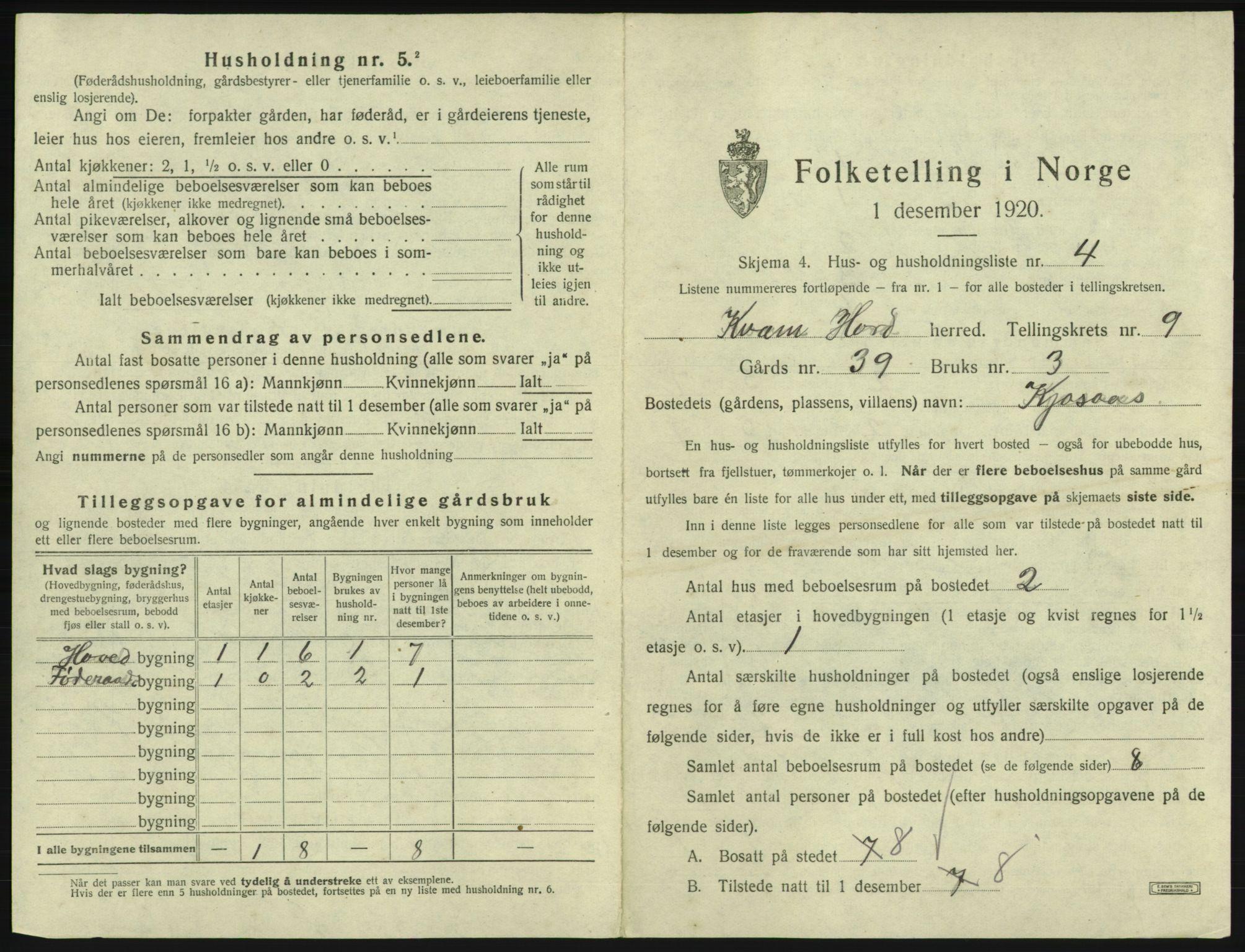 SAB, 1920 census for Kvam, 1920, p. 744