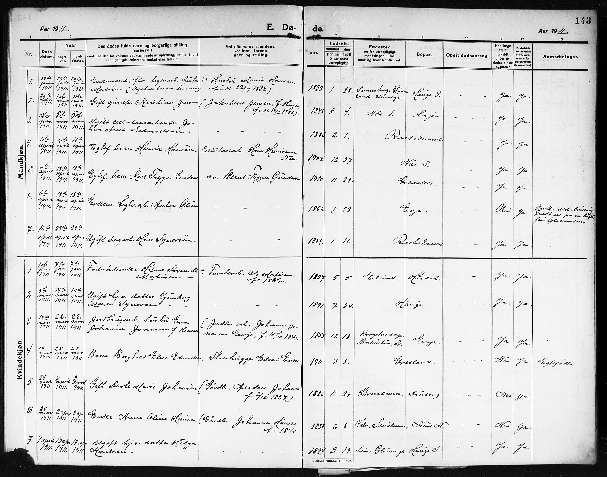 Rolvsøy prestekontor Kirkebøker, AV/SAO-A-2004/G/Ga/L0001: Parish register (copy) no. 1, 1911-1920, p. 143