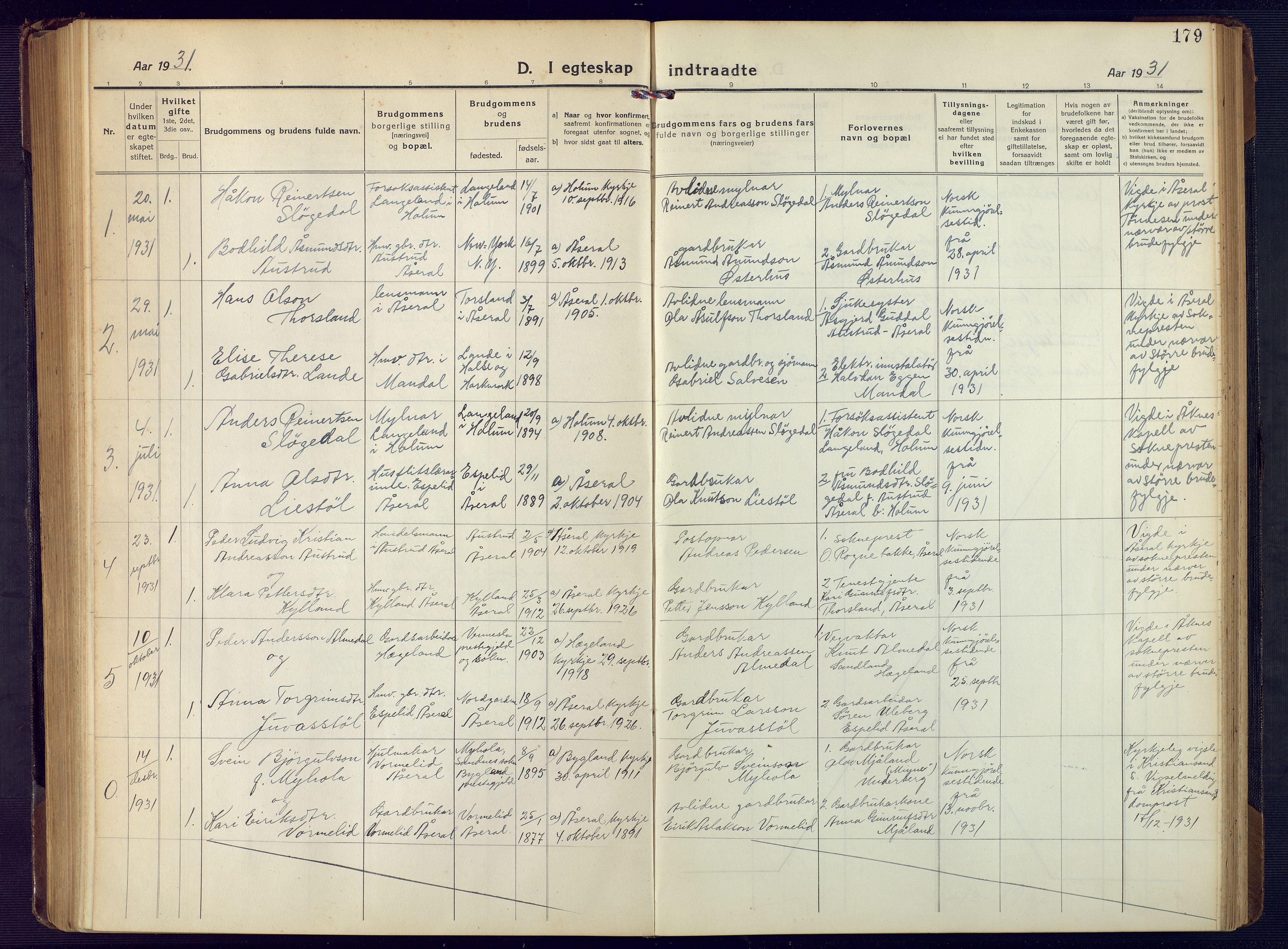 Åseral sokneprestkontor, SAK/1111-0051/F/Fb/L0004: Parish register (copy) no. B 4, 1920-1946, p. 179
